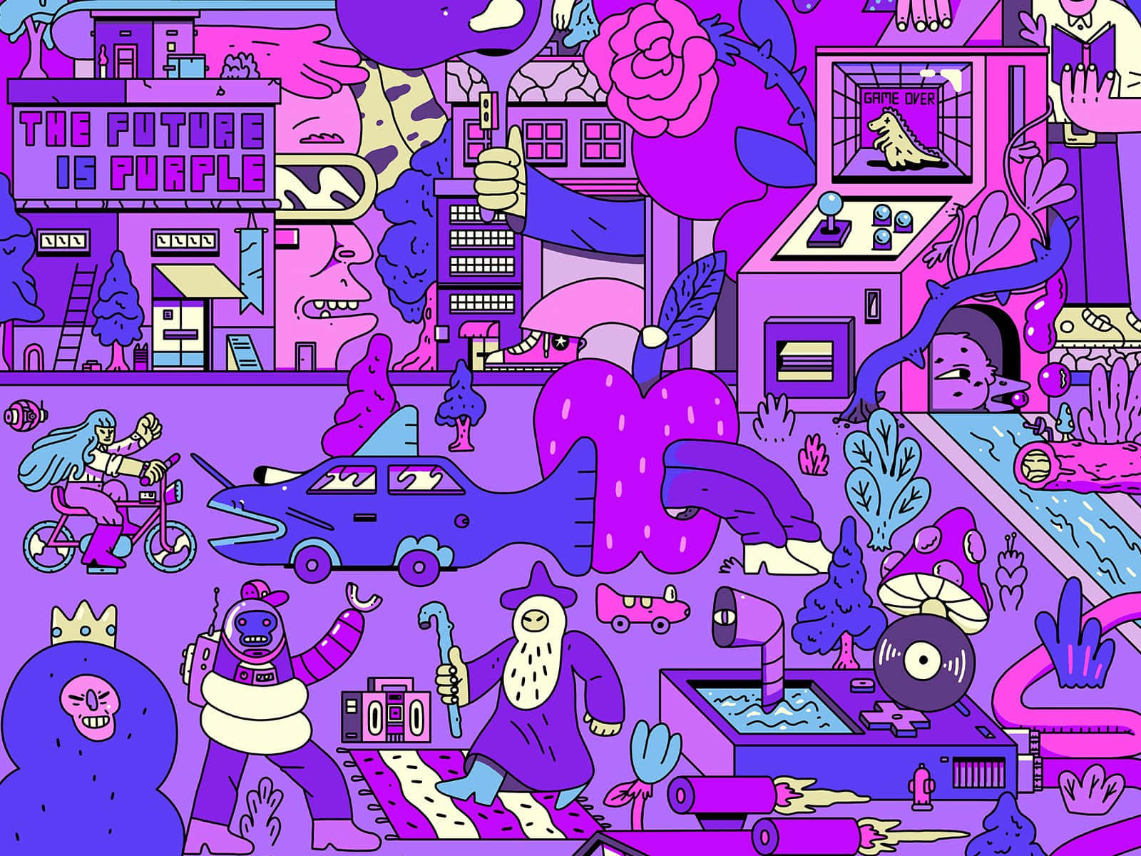 Indie Desktop, Retro Aesthetic, surreal purple-hued cityscape, HD Desktop Wallpaper