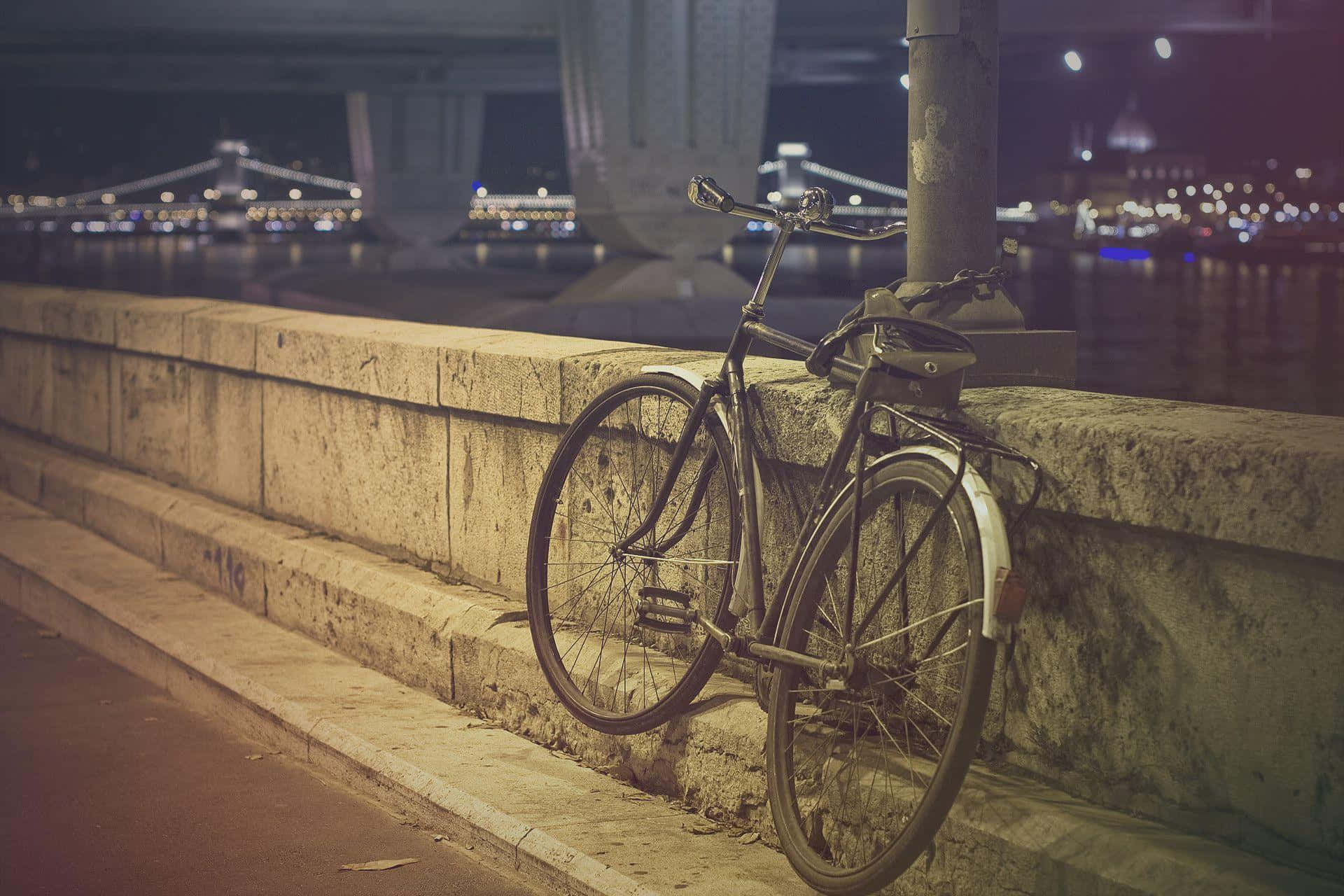 vintage bicycle, stone railing, glowing bridge, Full HD Desktop Wallpaper