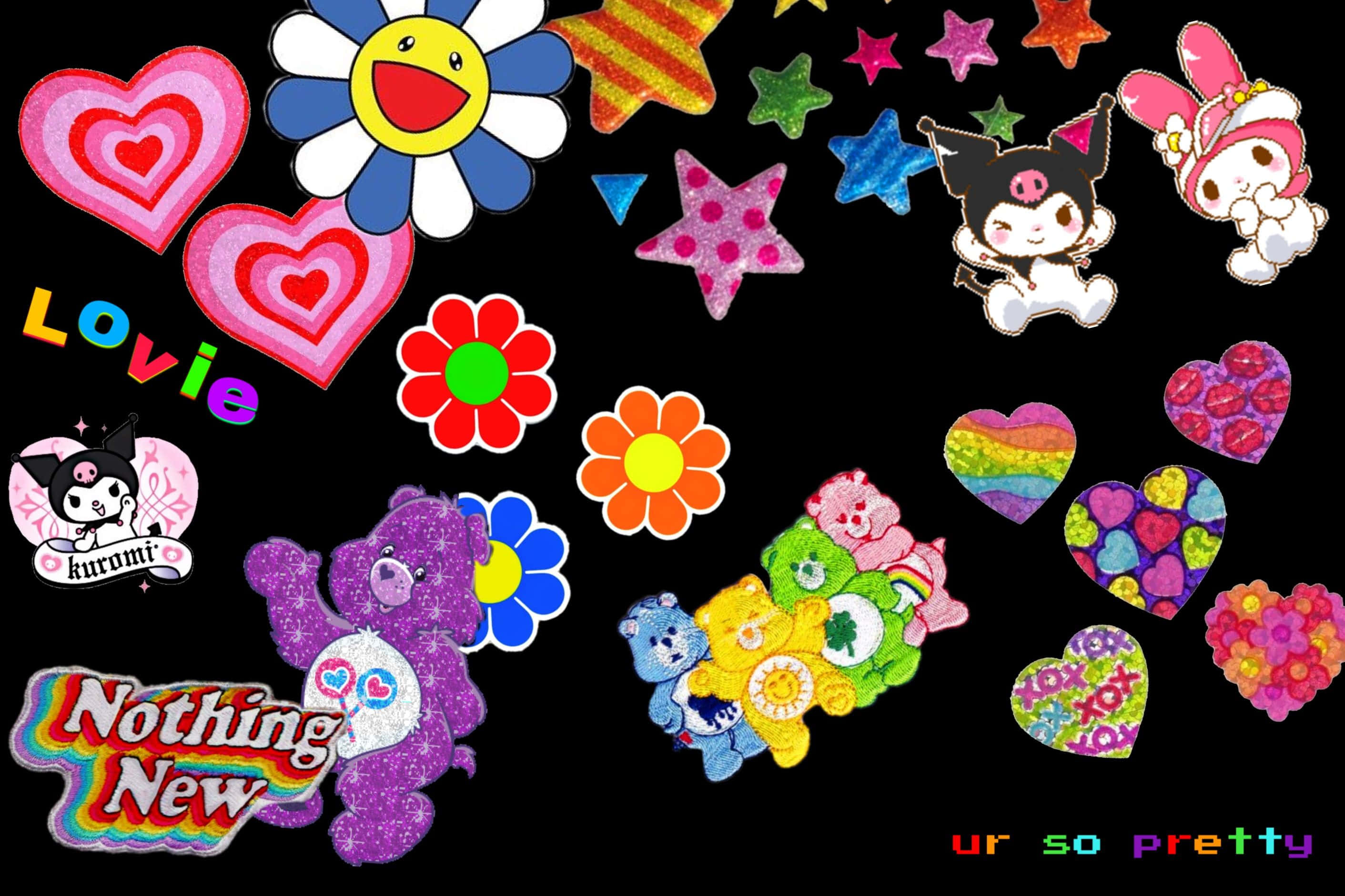 Indie Desktop, black background, vibrant glittery cartoon characters, 2K Desktop Wallpaper