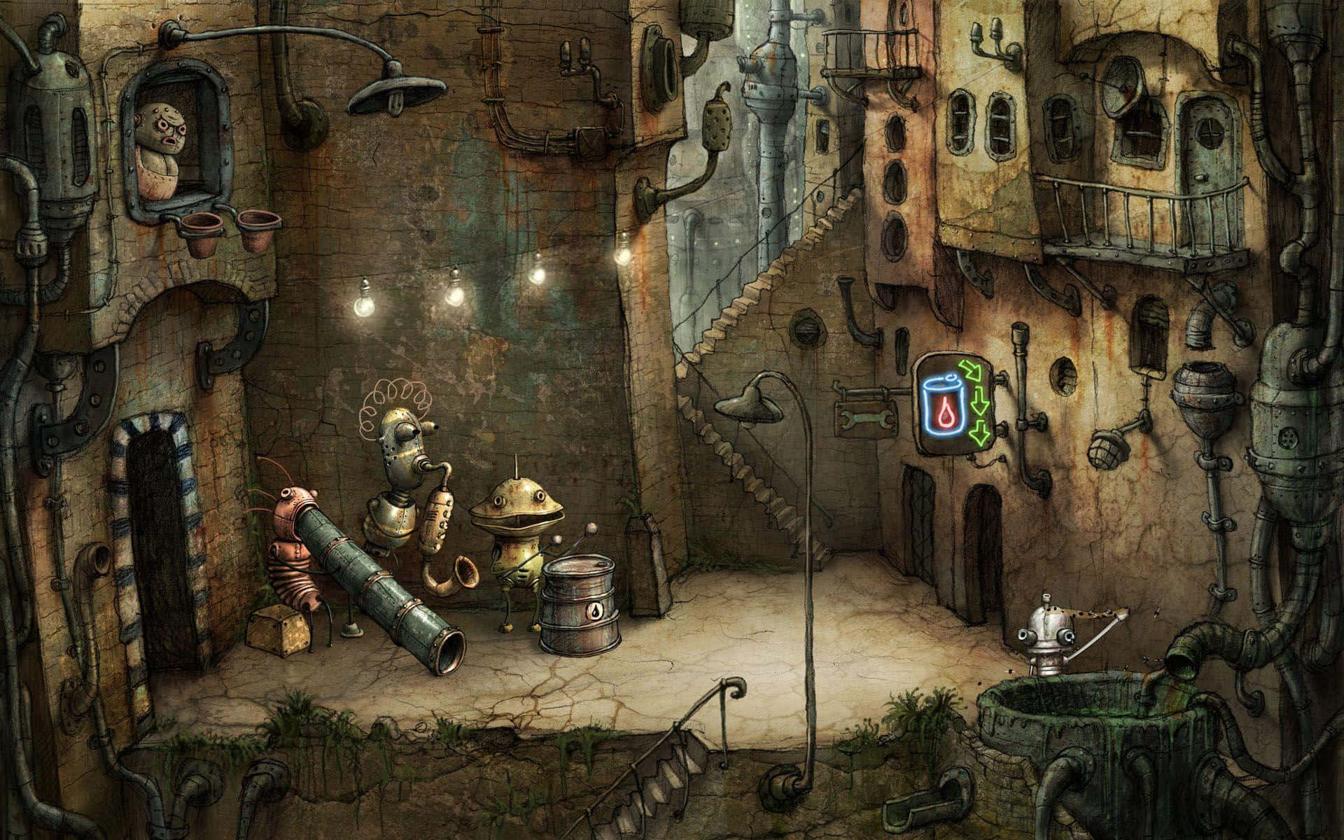 Steampunk alleyway, rusty pipes glowing lights, quirky robot musicians, Full HD Desktop Wallpaper