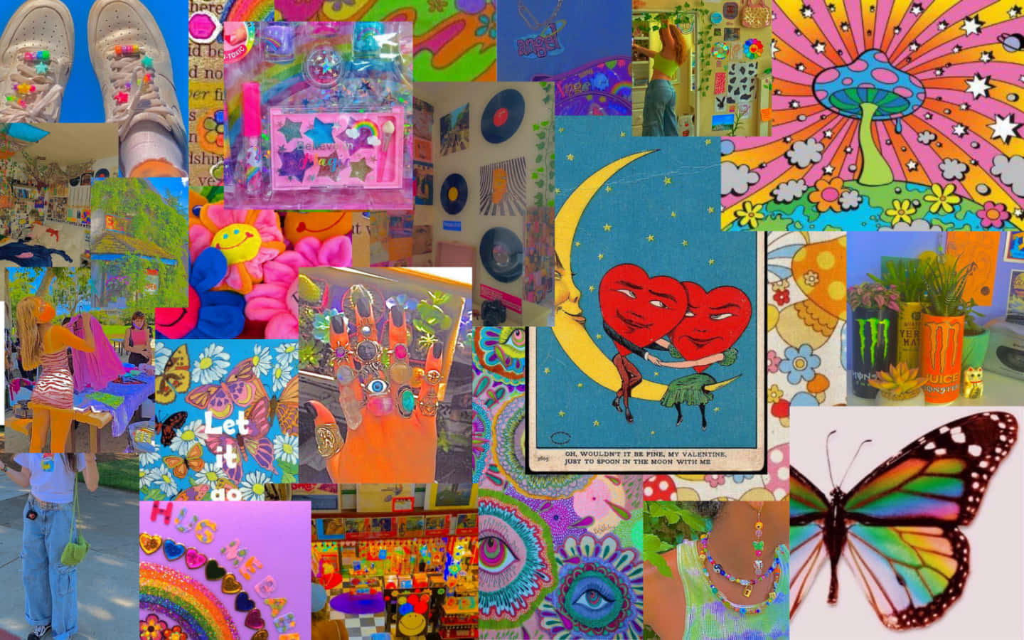 psychedelic art toys, hearts, mushrooms, HD Desktop Wallpaper