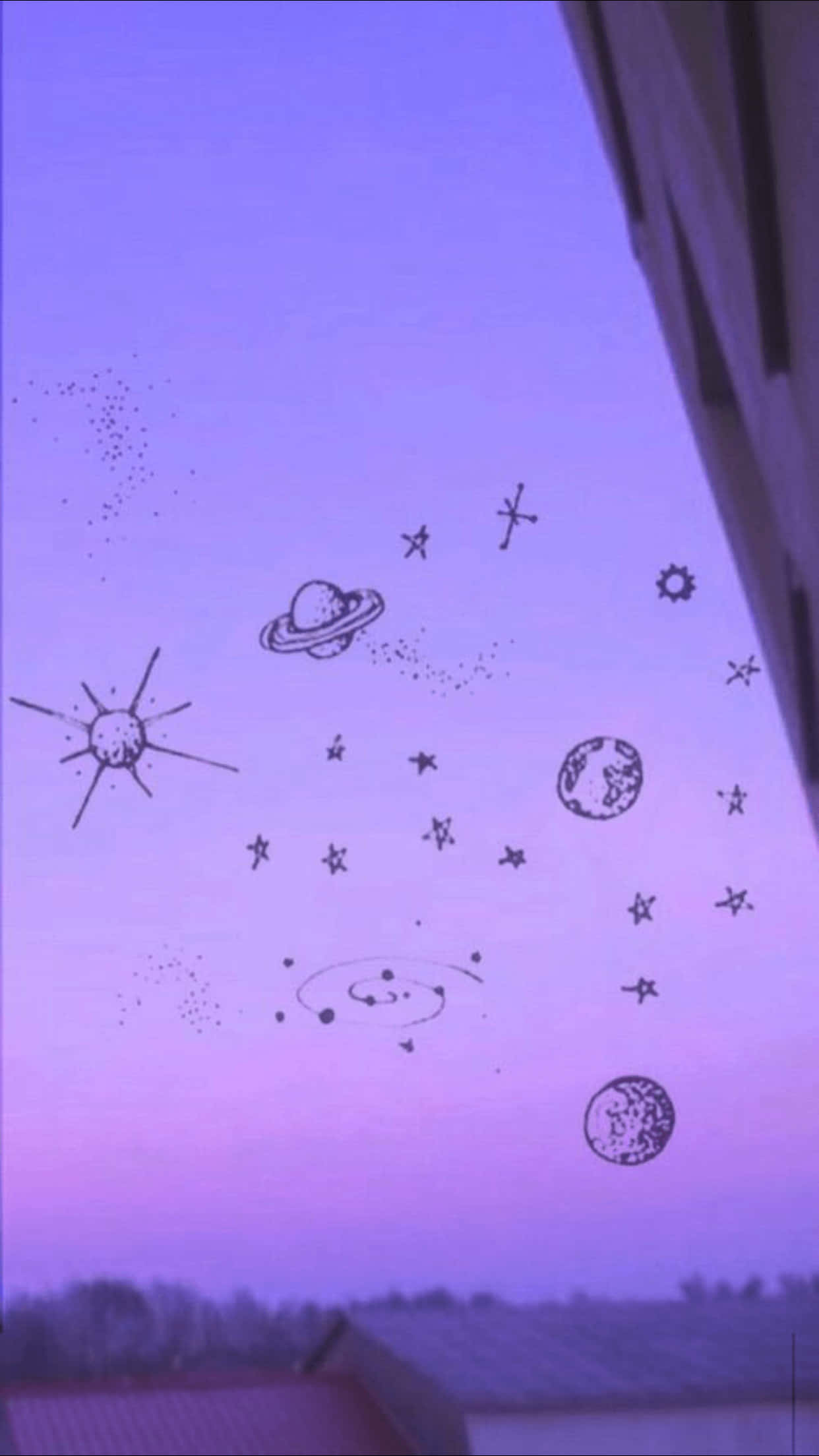 Purple twilight sky, hand-drawn planets, stars, Full HD Phone Wallpaper