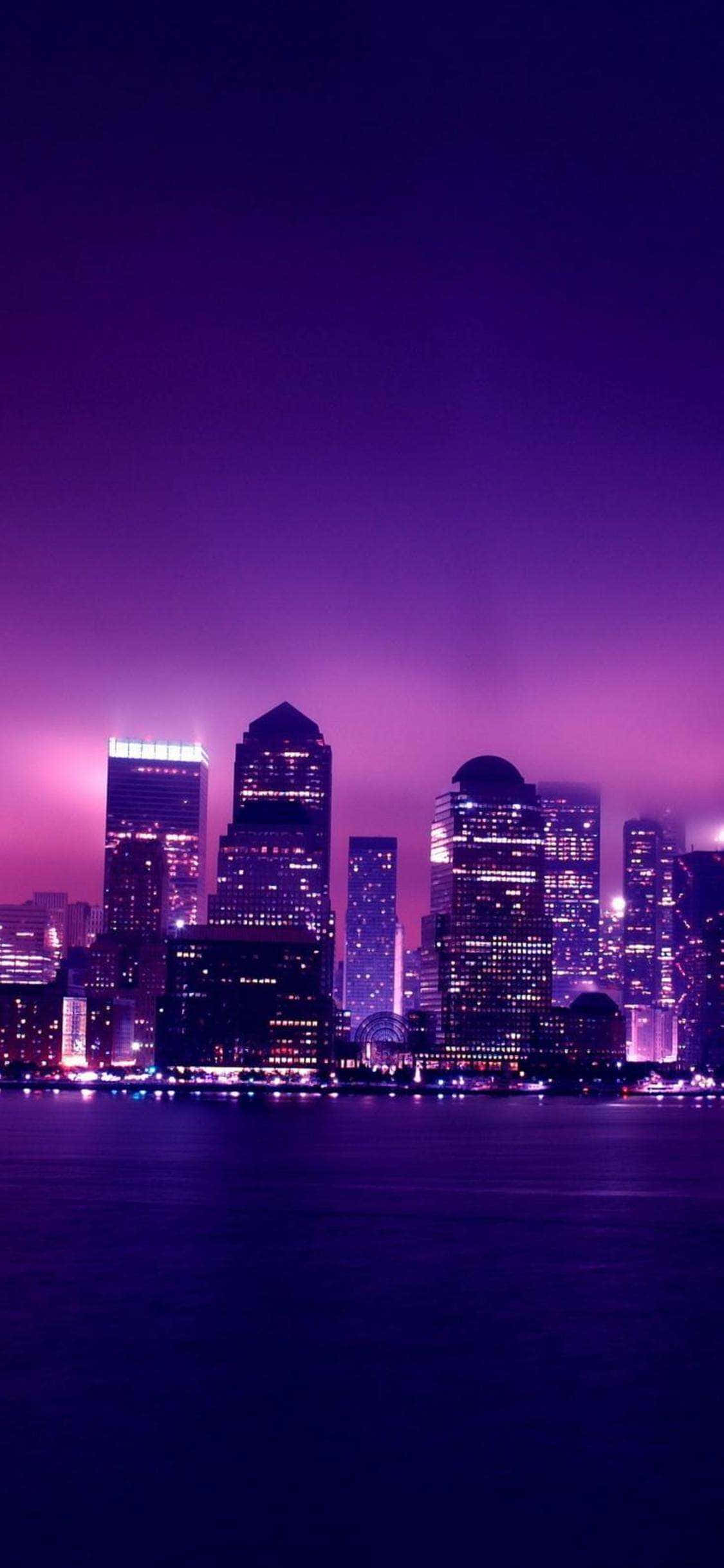 purple skyline, city skyline, glowing skyscrapers, Full HD Phone Wallpaper