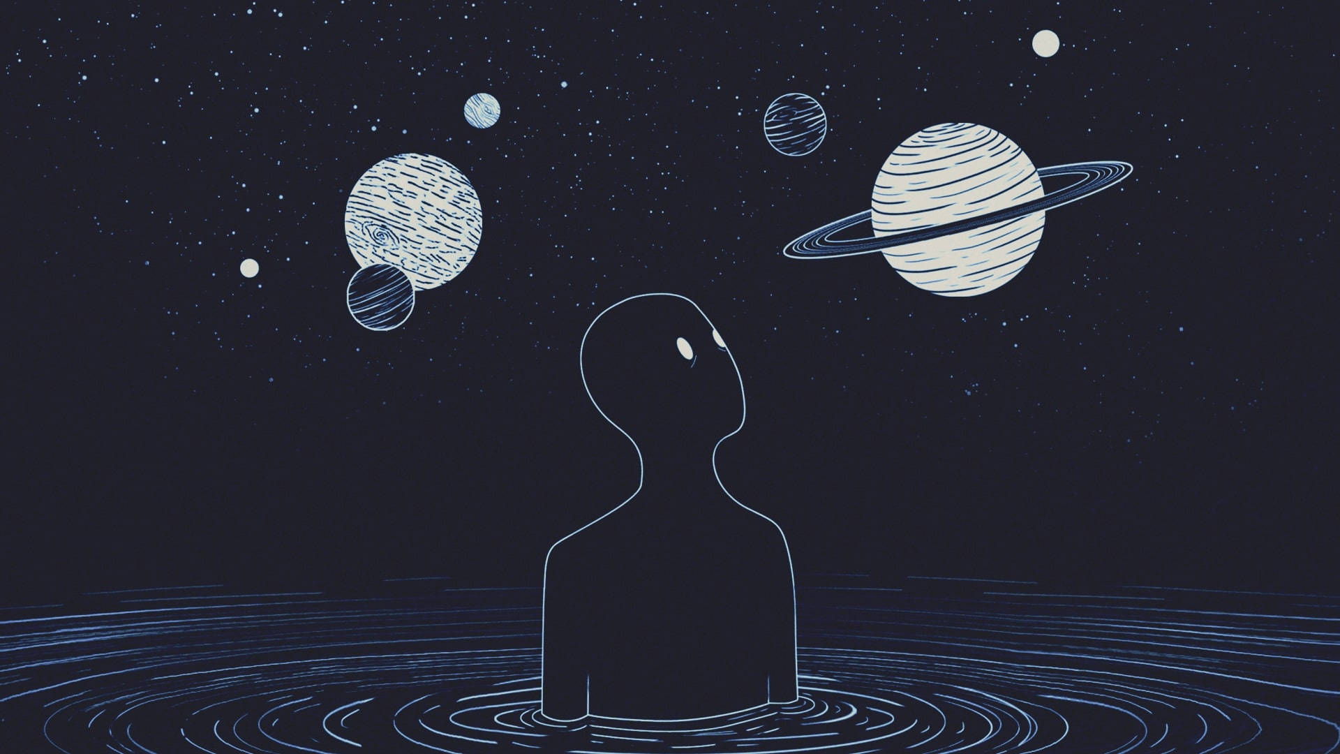 Outer Space Indie Kid, starry sky, stylized planets, Full HD Desktop Wallpaper