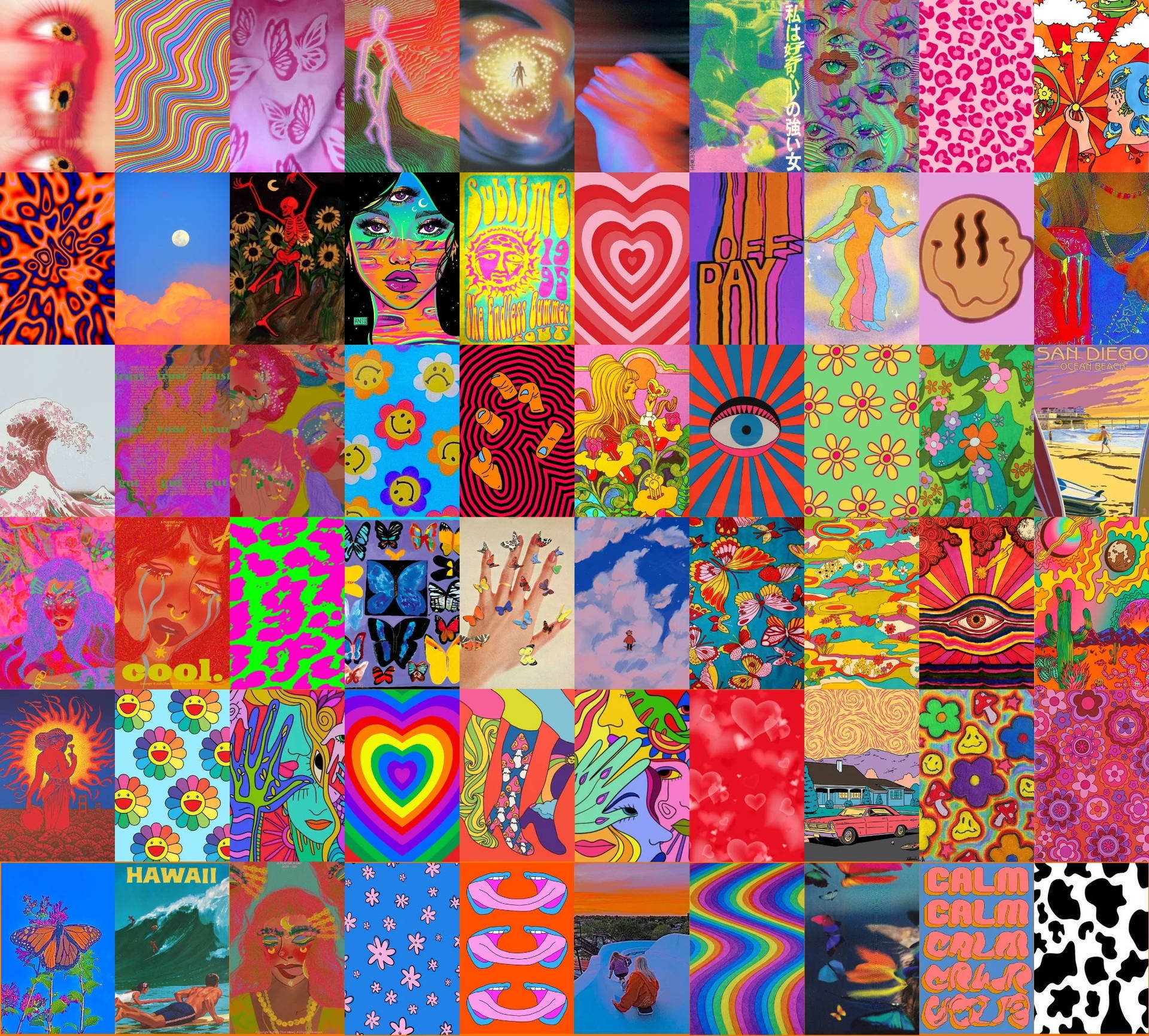 psychedelic collage, 25 surreal pop art tiles, hearts eyes flowers, Full HD Desktop Wallpaper