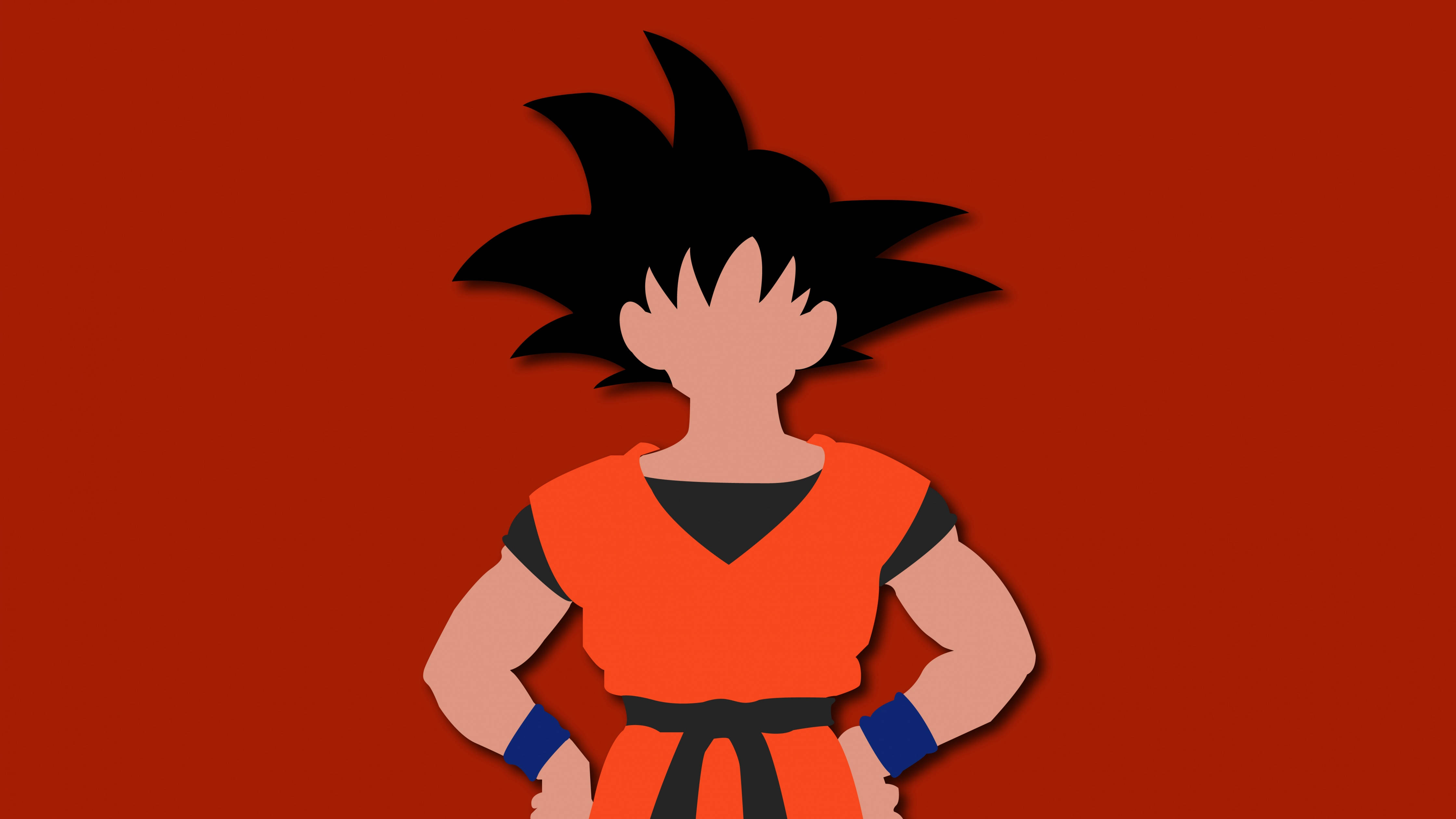 spiky black hair, orange gi, solid red background, 4K Desktop Wallpaper