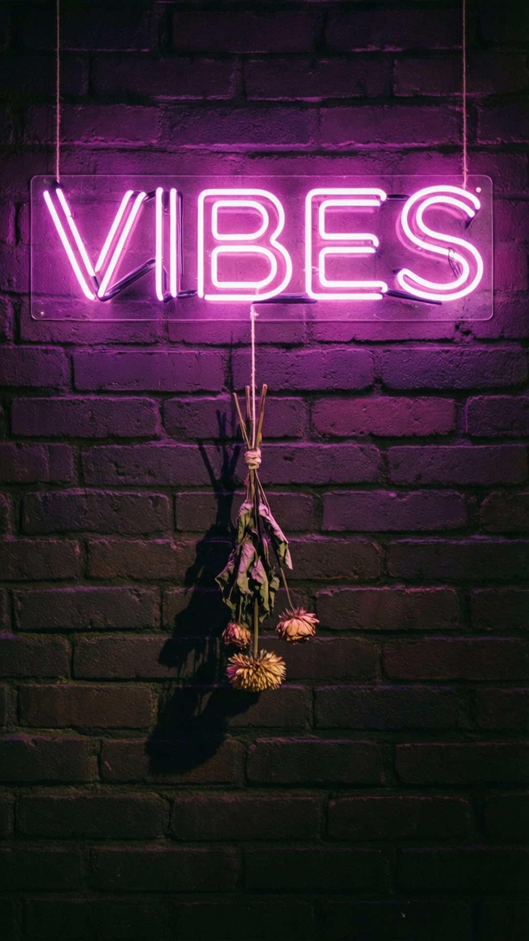 VIBES, glowing pink neon sign, dark brick wall, Full HD Phone Wallpaper