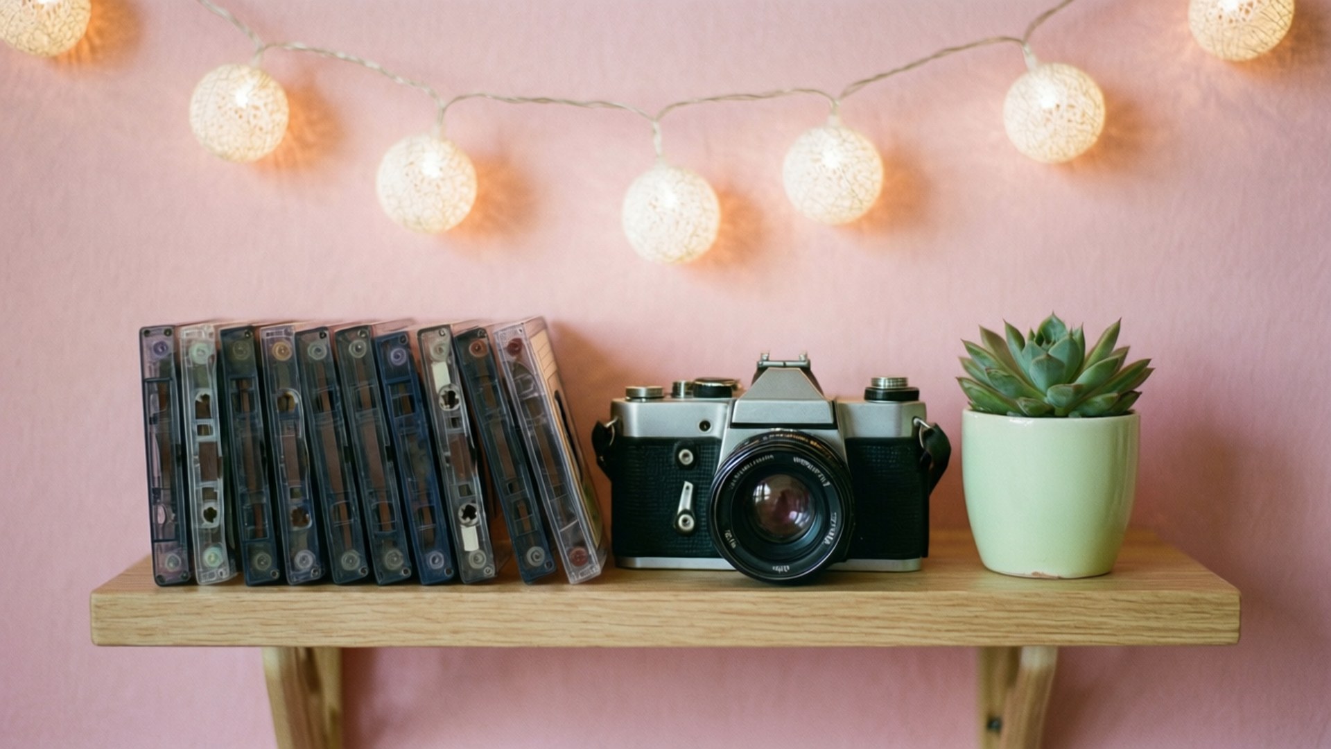 retro shelf dreams, cassette tapes, camera, Full HD Desktop Wallpaper