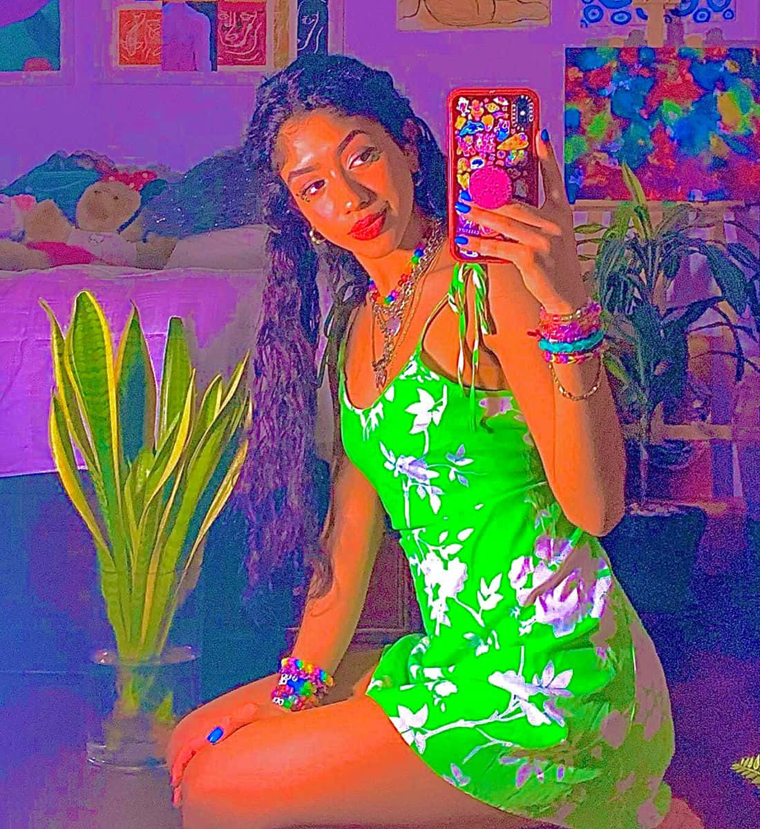neon green floral dress, vividly colored bedroom, plants, SD Phone Wallpaper
