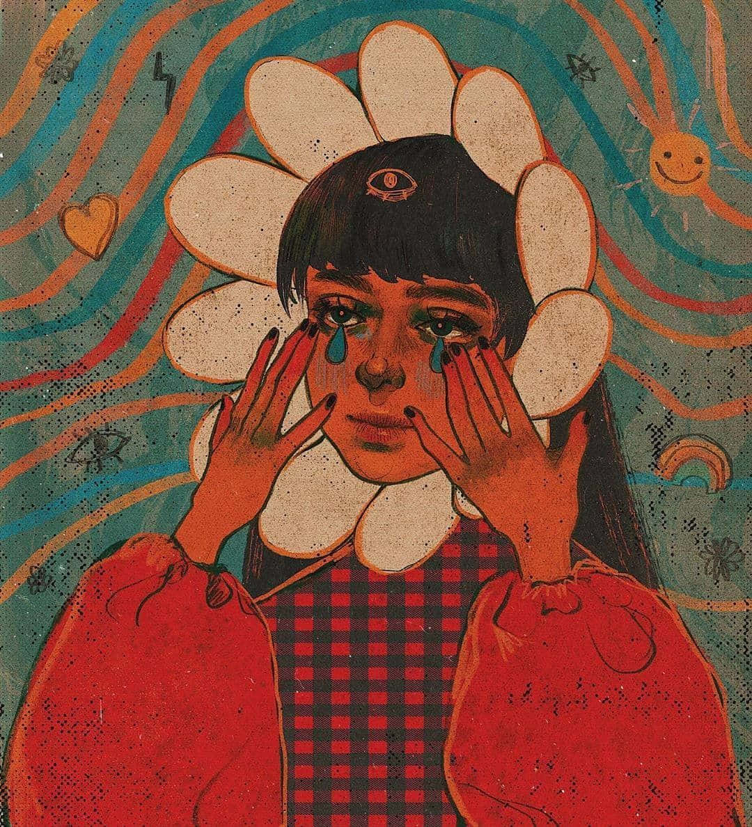 floral halo, daisy headpiece, colorful swirls, SD Phone Wallpaper
