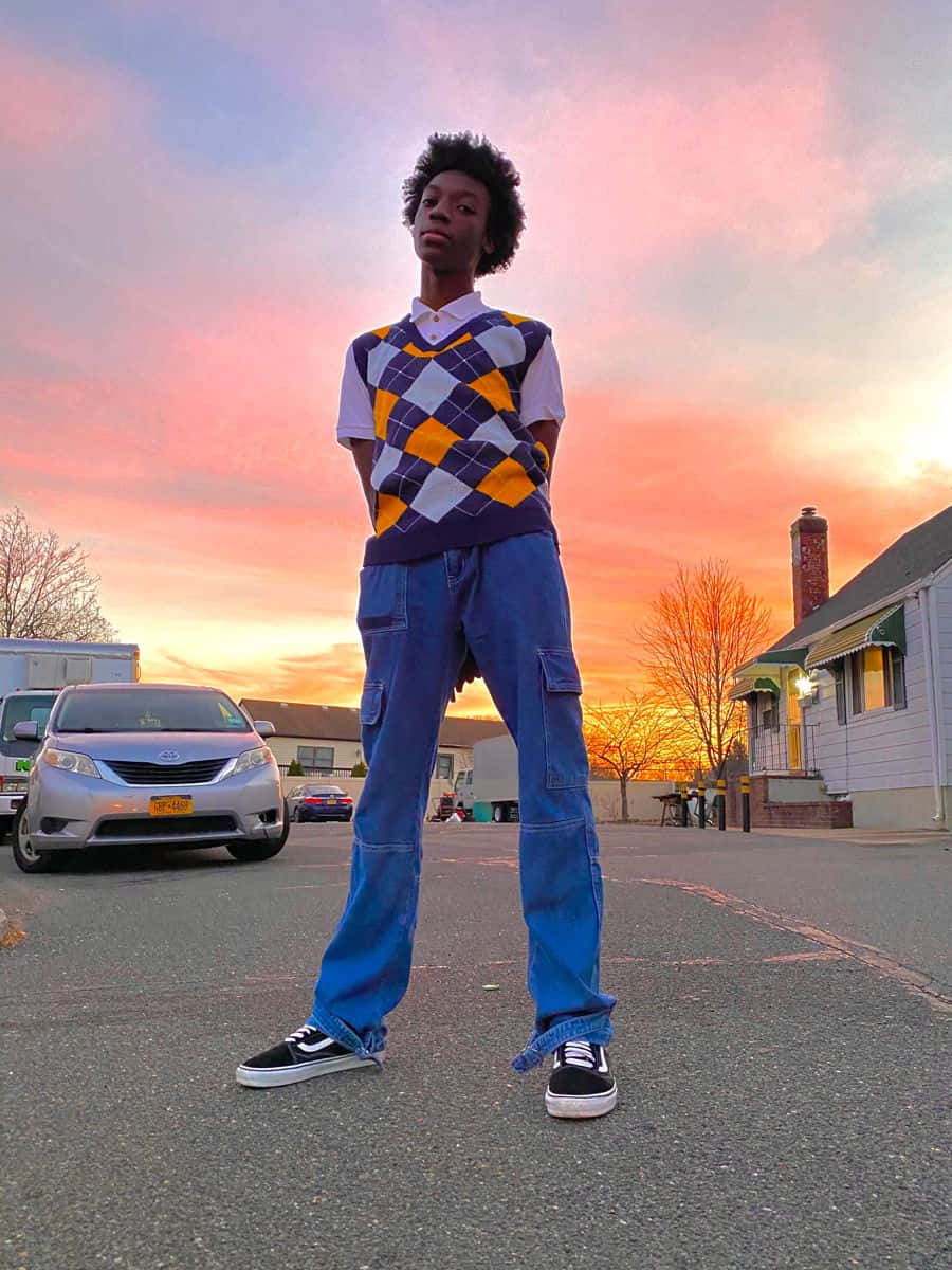 sunset, suburban street, colorful argyle vest, SD Phone Wallpaper