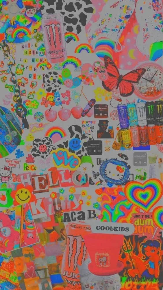 vibrant random collage, neon colors, stickers, SD Phone Wallpaper