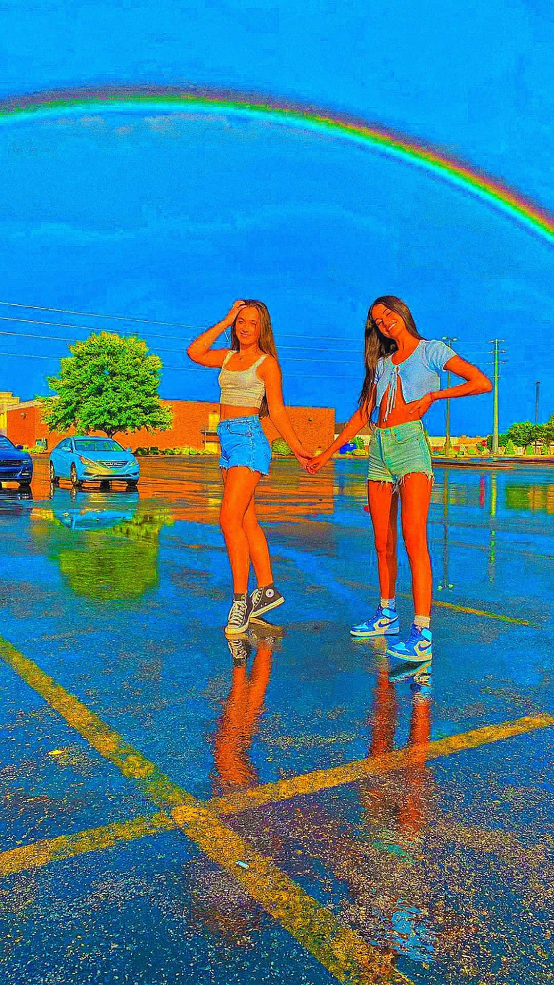 Indie iPhone, rain-soaked parking lot, vivid rainbow, Full HD Phone Wallpaper