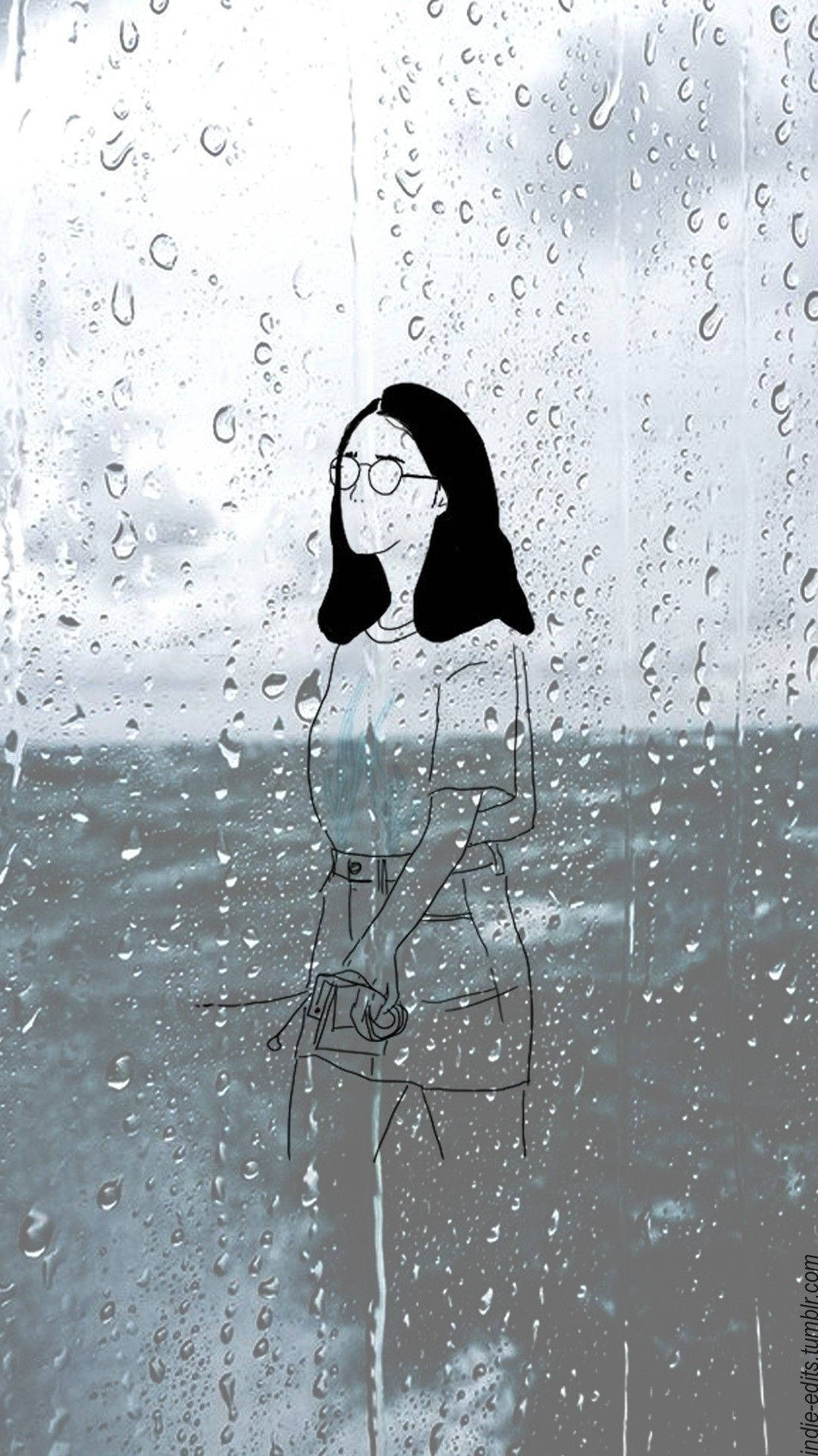 woman with glasses, rain-streaked window, gray ocean, Full HD Phone Wallpaper