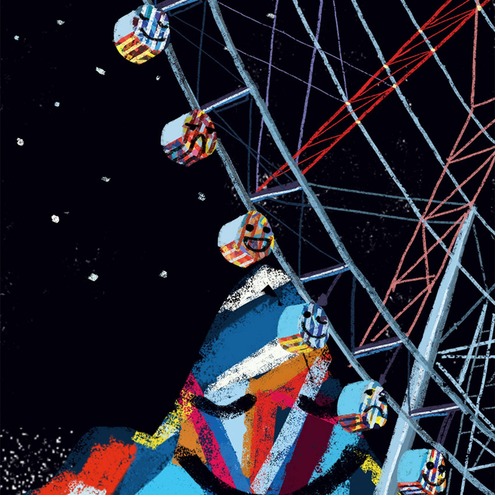 ferris wheel, striped cabins, starry night sky, Full HD Desktop Wallpaper