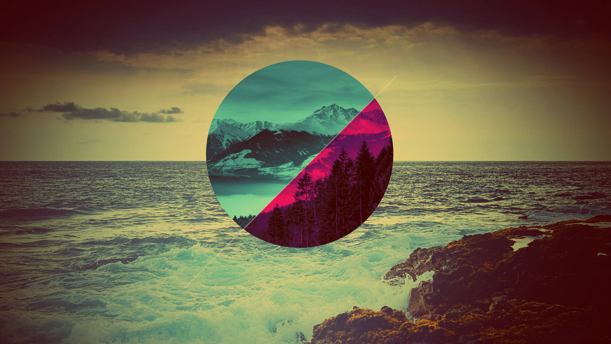 surreal circular frame, stormy ocean view, snowy mountains, 2K Desktop Wallpaper