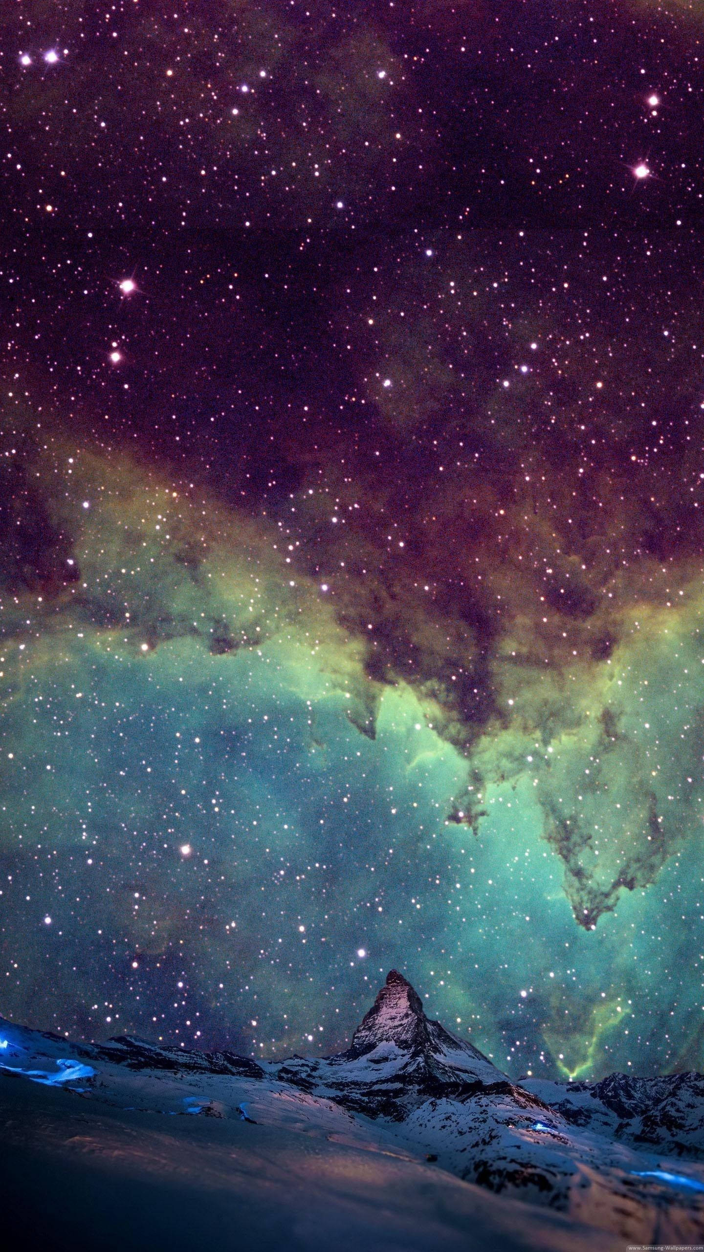 snowy mountain, cosmic sky, stars, 2K Phone Wallpaper