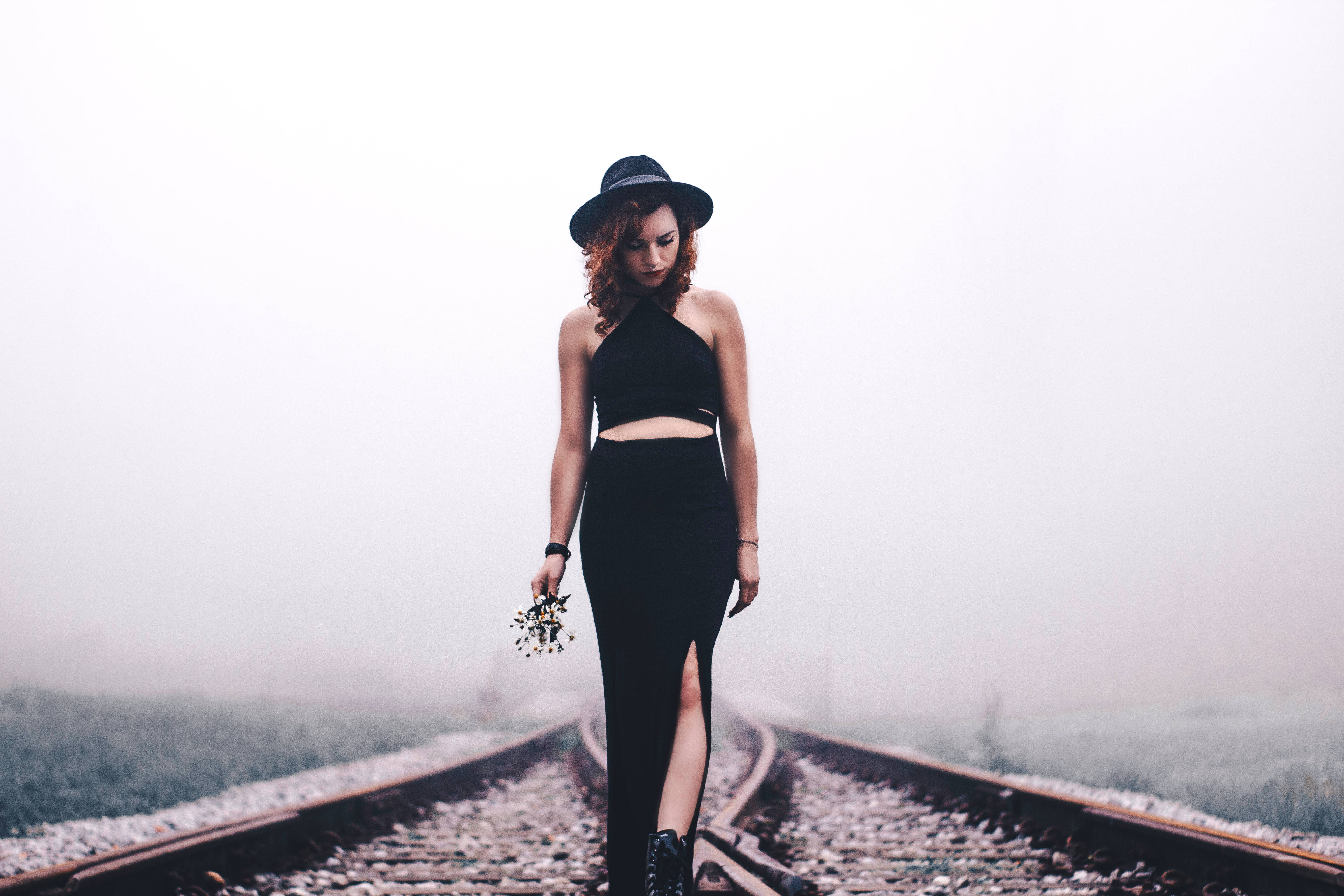indie woman, train railway, black attire, 5K Desktop Wallpaper