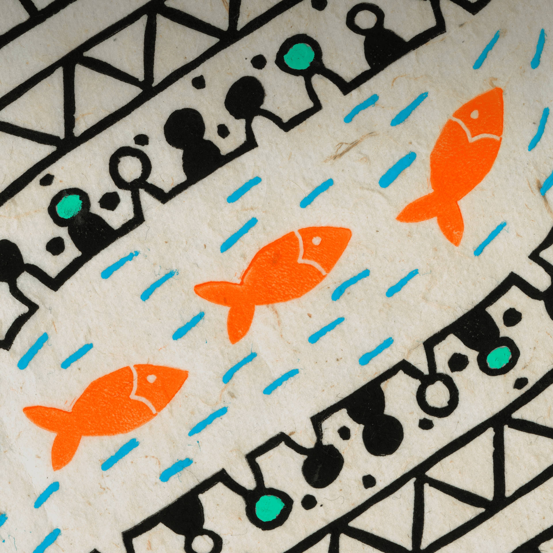 Indigenous Fishermen Artwork, vibrant orange fish, blue water streaks, Full HD Desktop Wallpaper