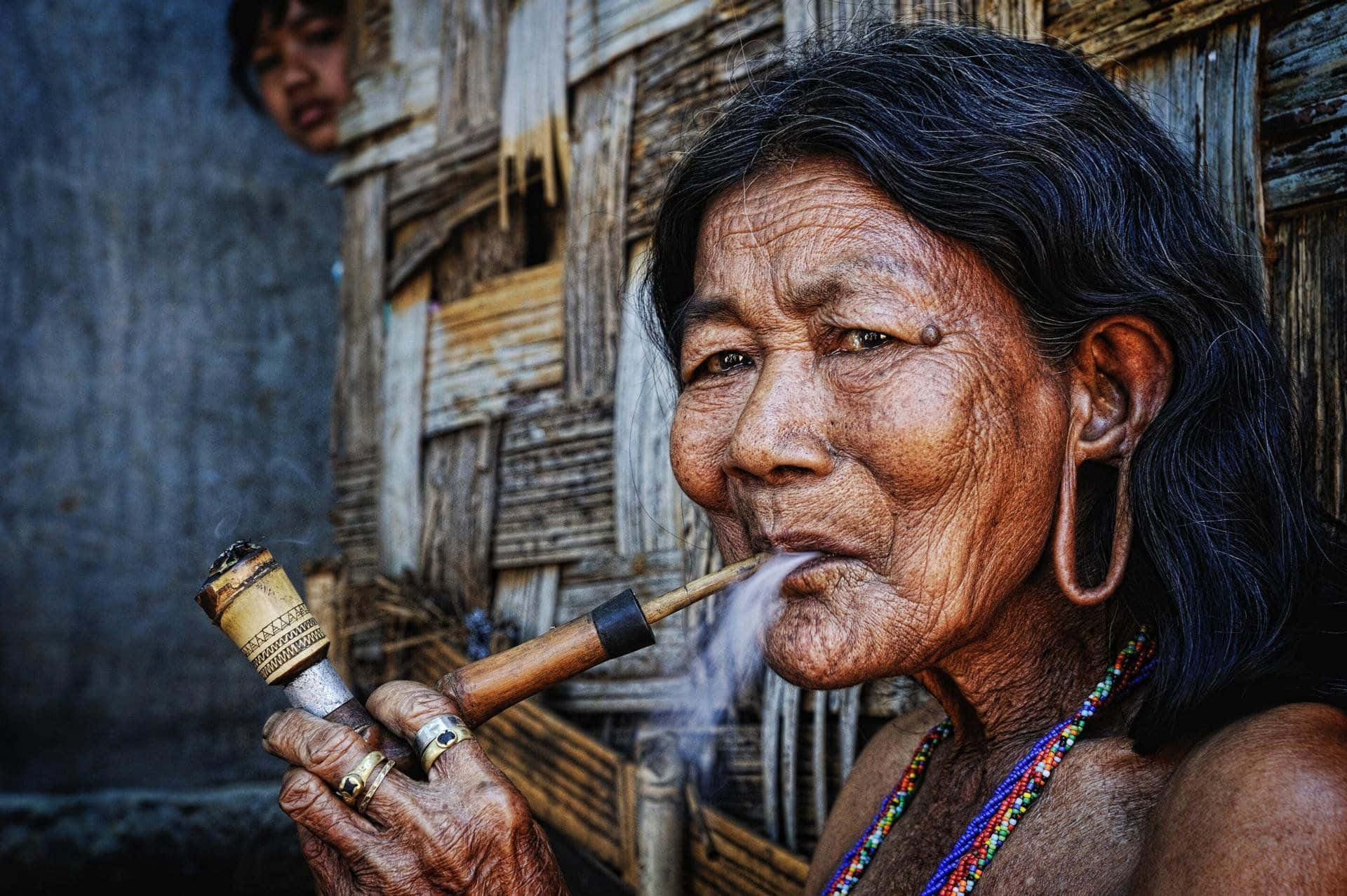 Indigenous, old lady, wooden pipe, Full HD Desktop Wallpaper