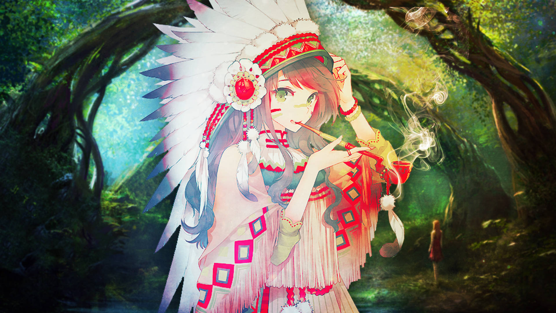 Indigenous Indian Anime Girl, feathered headdress, smokes pipe, Full HD Desktop Wallpaper
