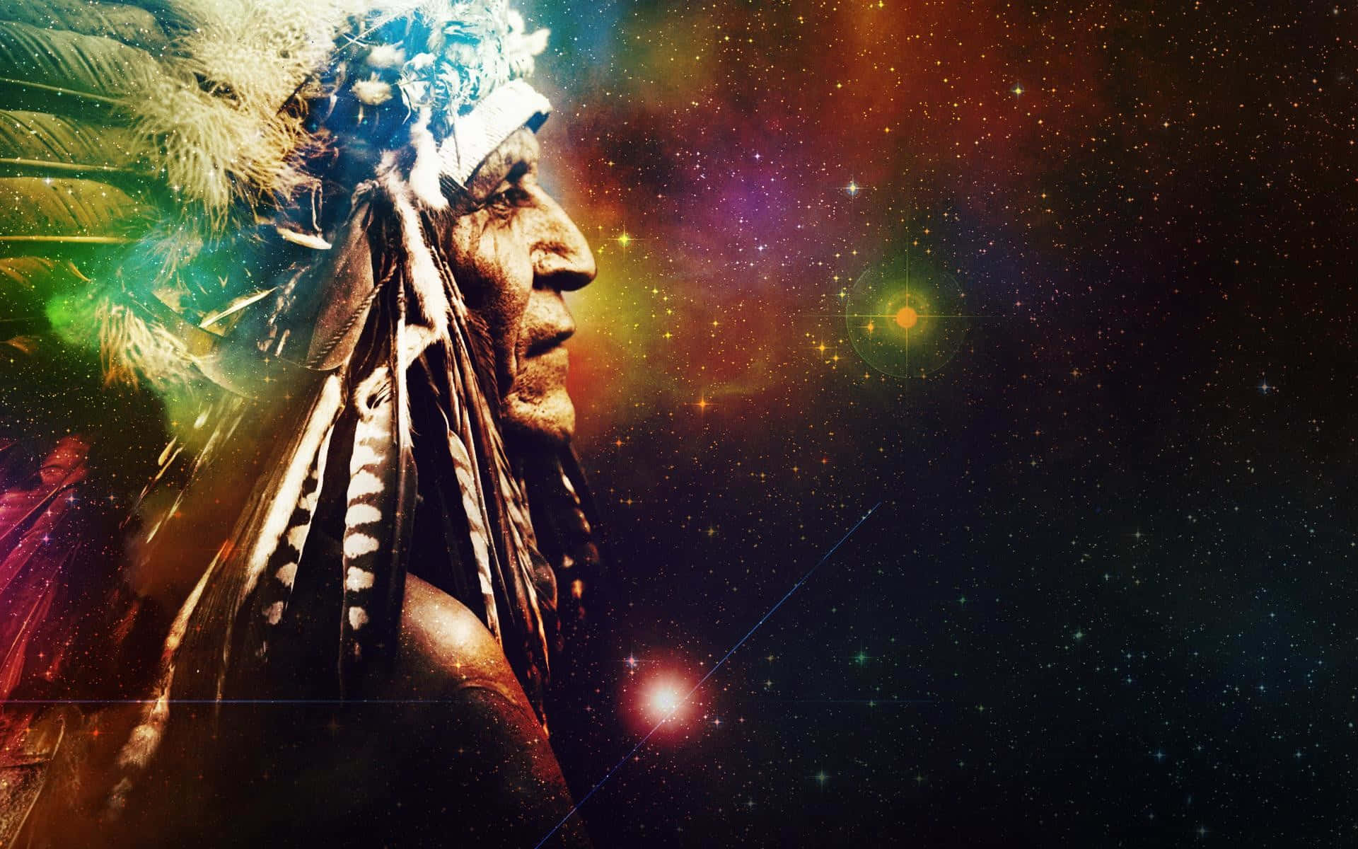 Native American elder, feathered headdress, cosmic nebula, Full HD Desktop Wallpaper