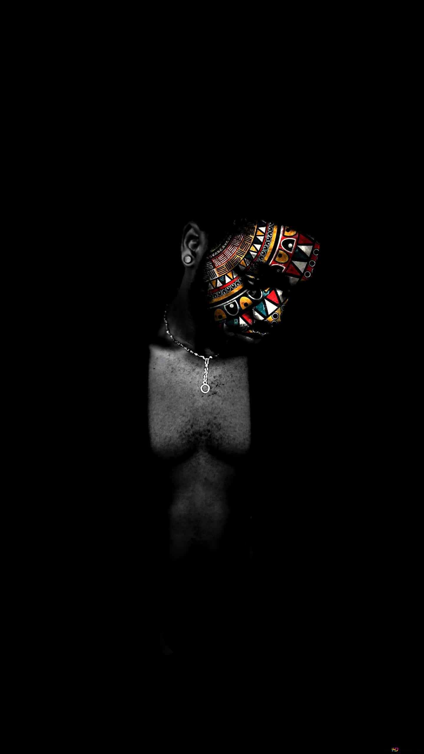 Native, colorful geometric mask, silver necklace, 2K Phone Wallpaper