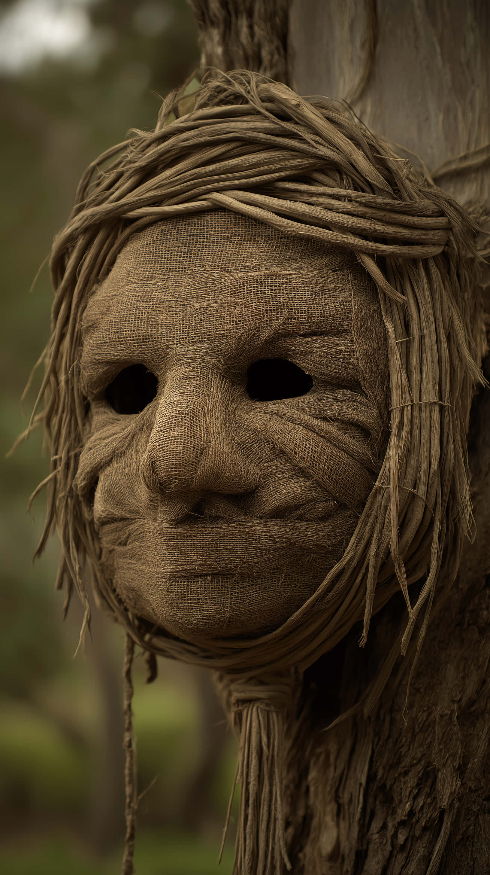 woven burlap mask, straw hair tied in a crown, rough tree trunk, 2K Phone Wallpaper