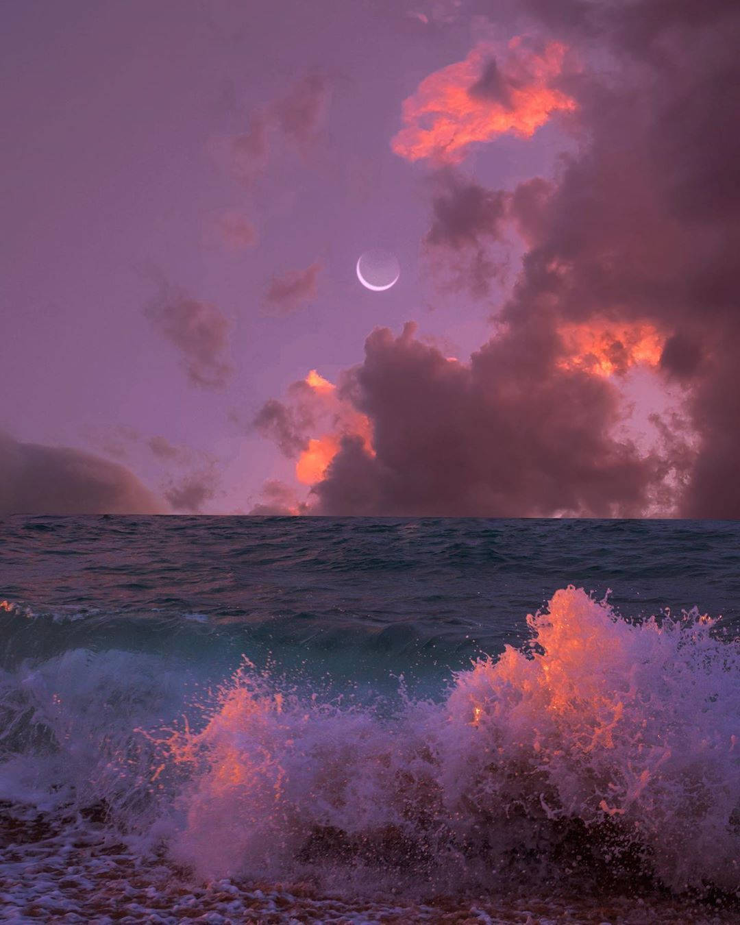 crescent moon, turbulent ocean, fiery orange clouds, HD Phone Wallpaper