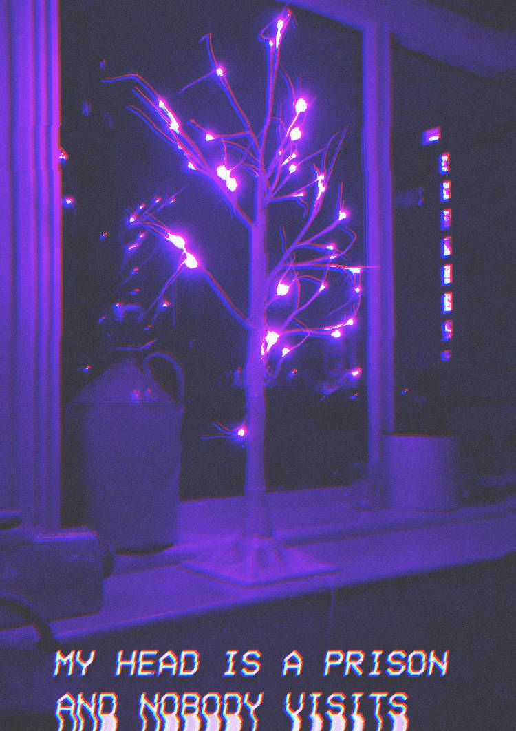 Cosmic Charcoal Aesthetic, glowing purple lighted tree, windowsill, SD Phone Wallpaper