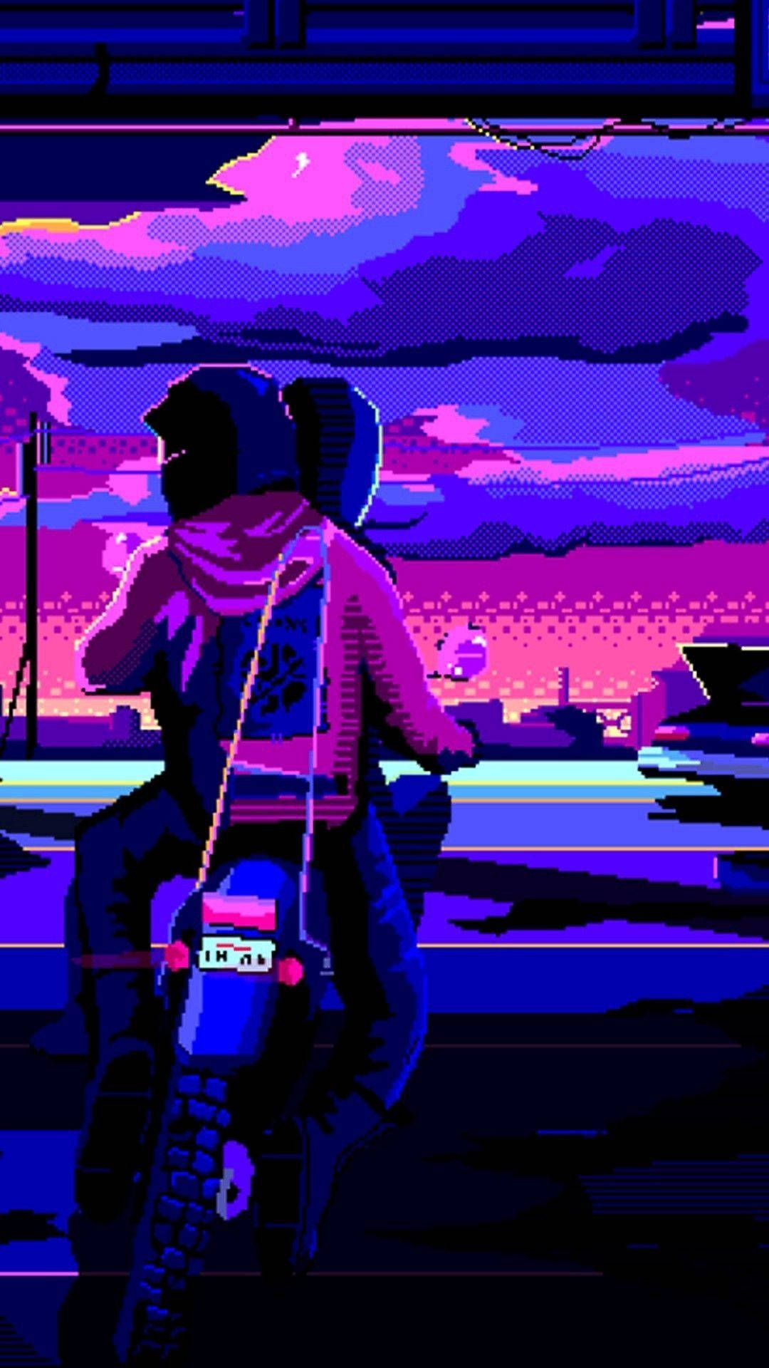 neon purple sunset sky, glowing cityscape, pixel-art rider, Full HD Phone Wallpaper