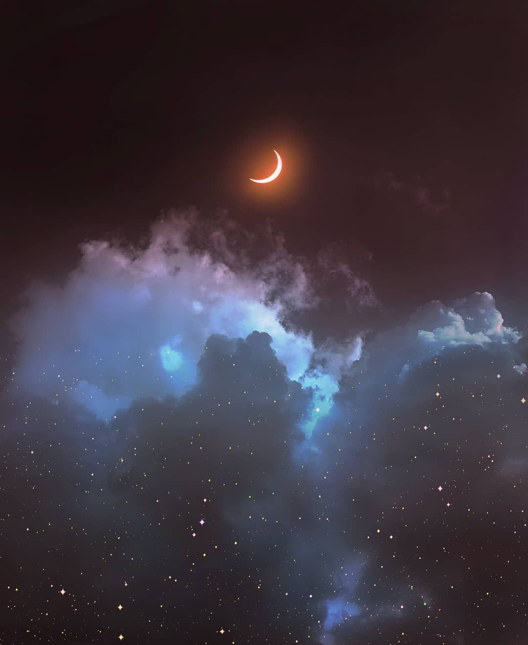 Indigo Aesthetic, glowing crescent moon, swirling blue clouds, HD Phone Wallpaper