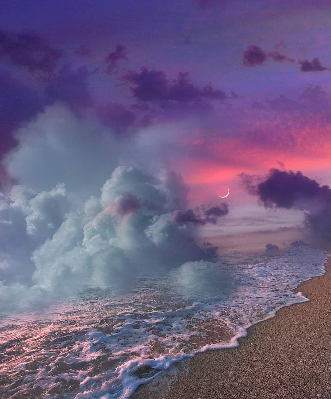 crescent moon, pink and purple clouds, foamy waves, HD Phone Wallpaper