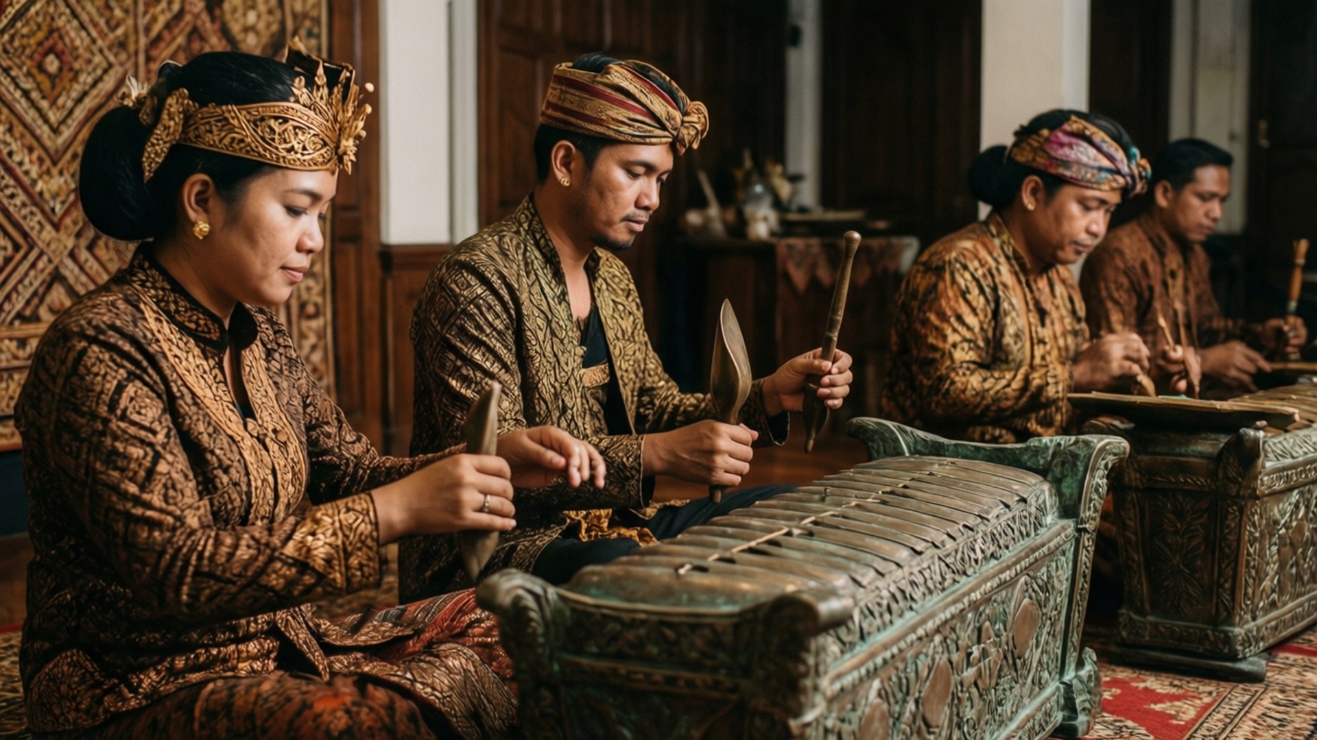 gamelan orchestra, ornate traditional attire, intricate gamelan instruments, Full HD Desktop Wallpaper