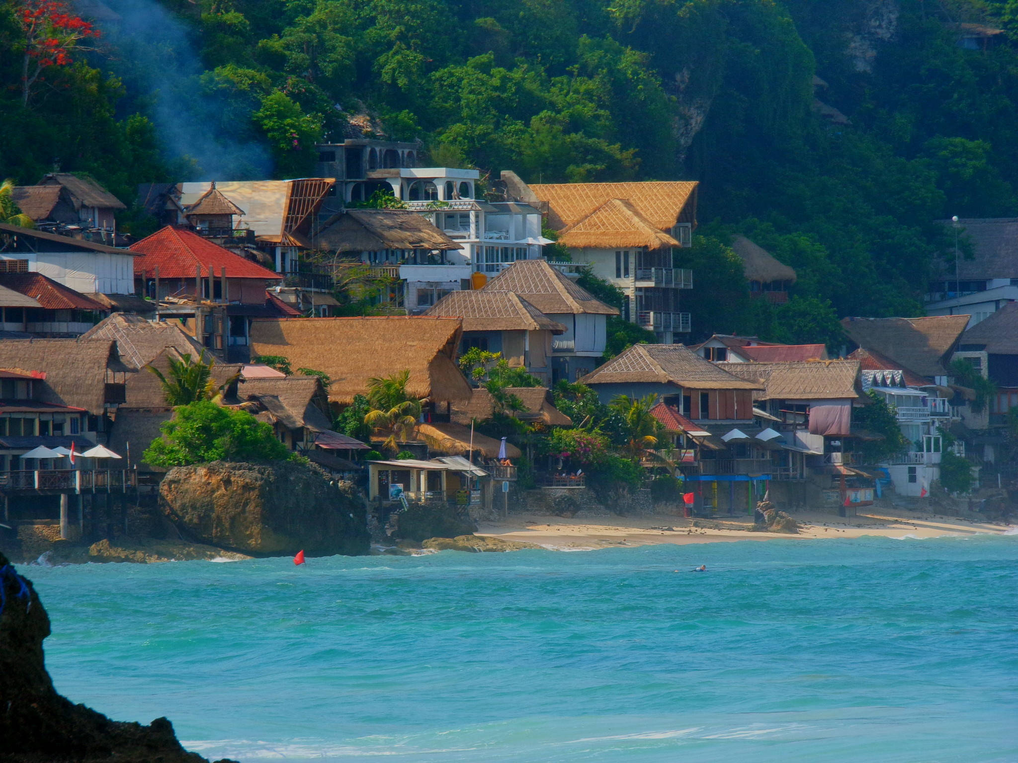 Indonesia, hidden beach, thatched-roof houses, Full HD Desktop Wallpaper