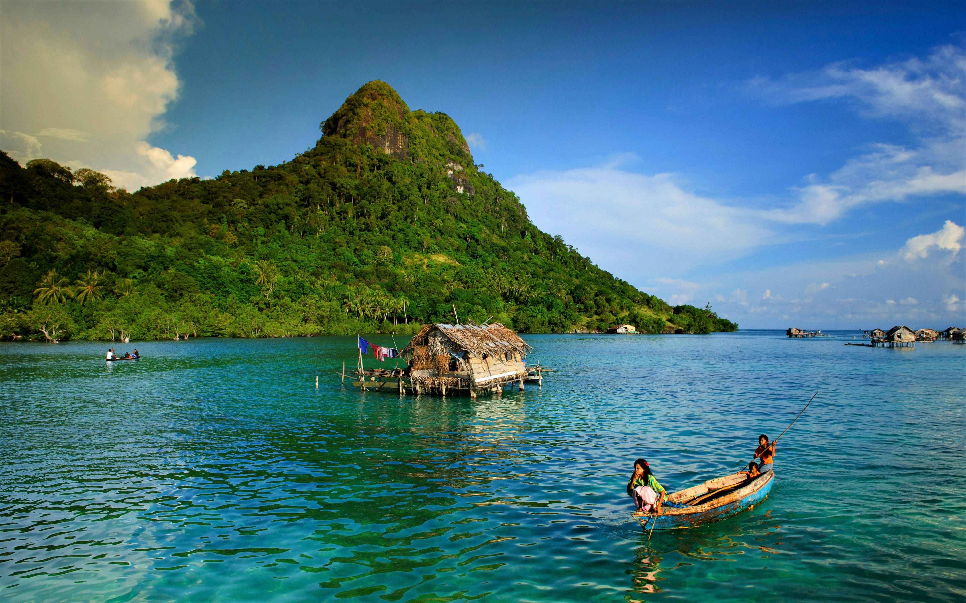 stilted houses, Indonesia, turquoise lagoon, 4K Desktop Wallpaper