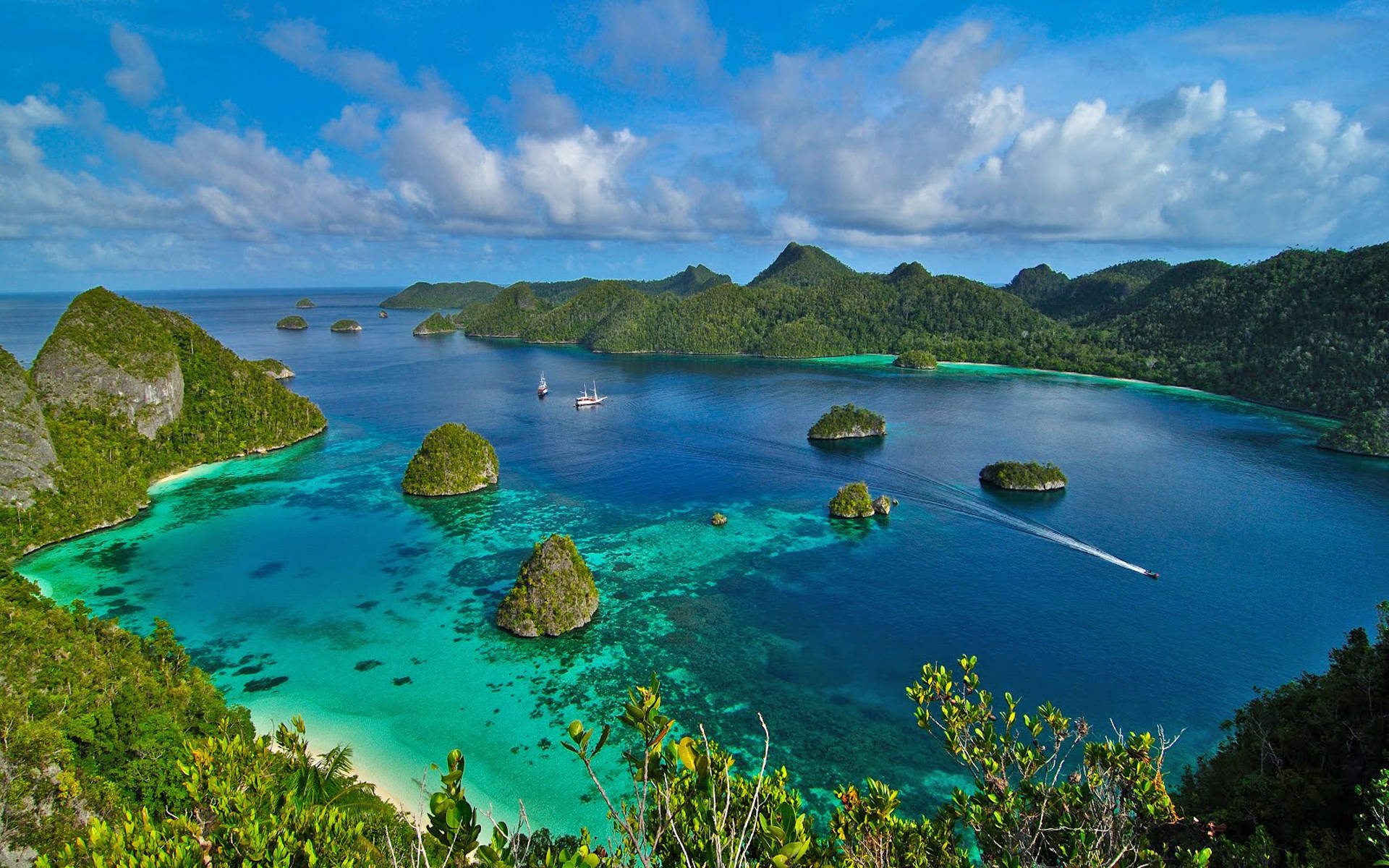 Indonesia, turquoise lagoon, lush green islands, Full HD Desktop Wallpaper