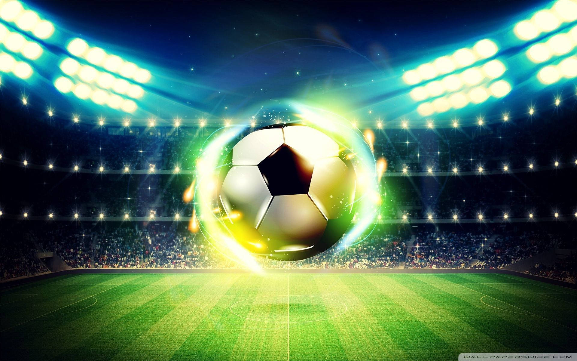 cool green soccer ball, vibrant green pitch, dazzling stadium lights, Full HD Desktop Wallpaper