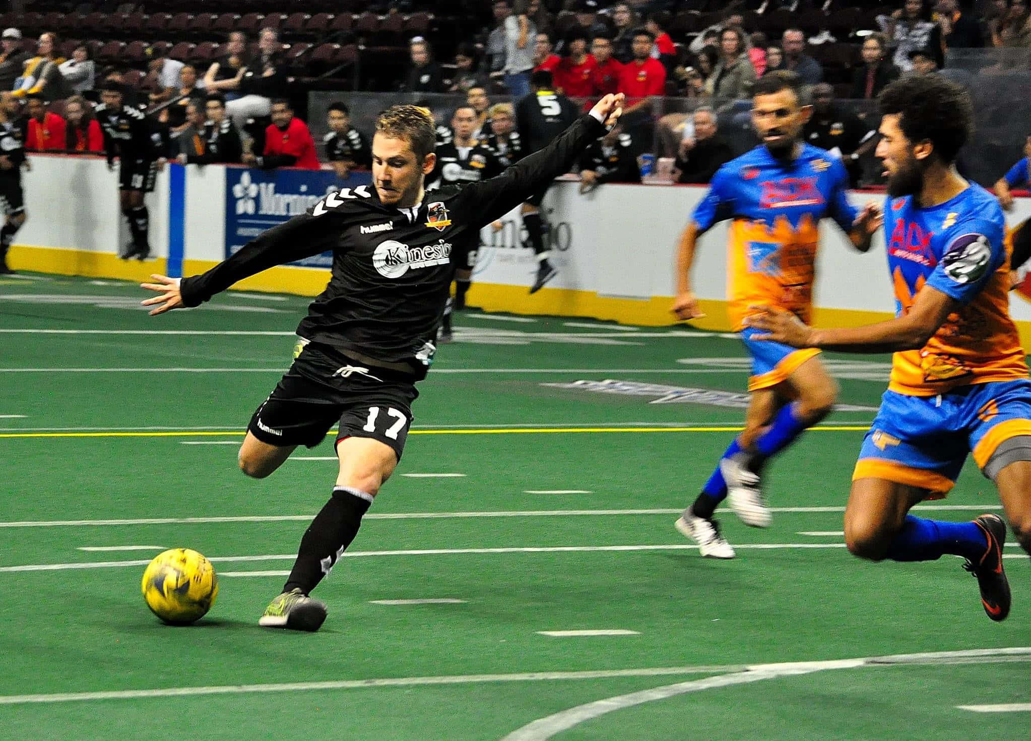 Indoor Soccer, black jersey, yellow ball, Full HD Desktop Wallpaper