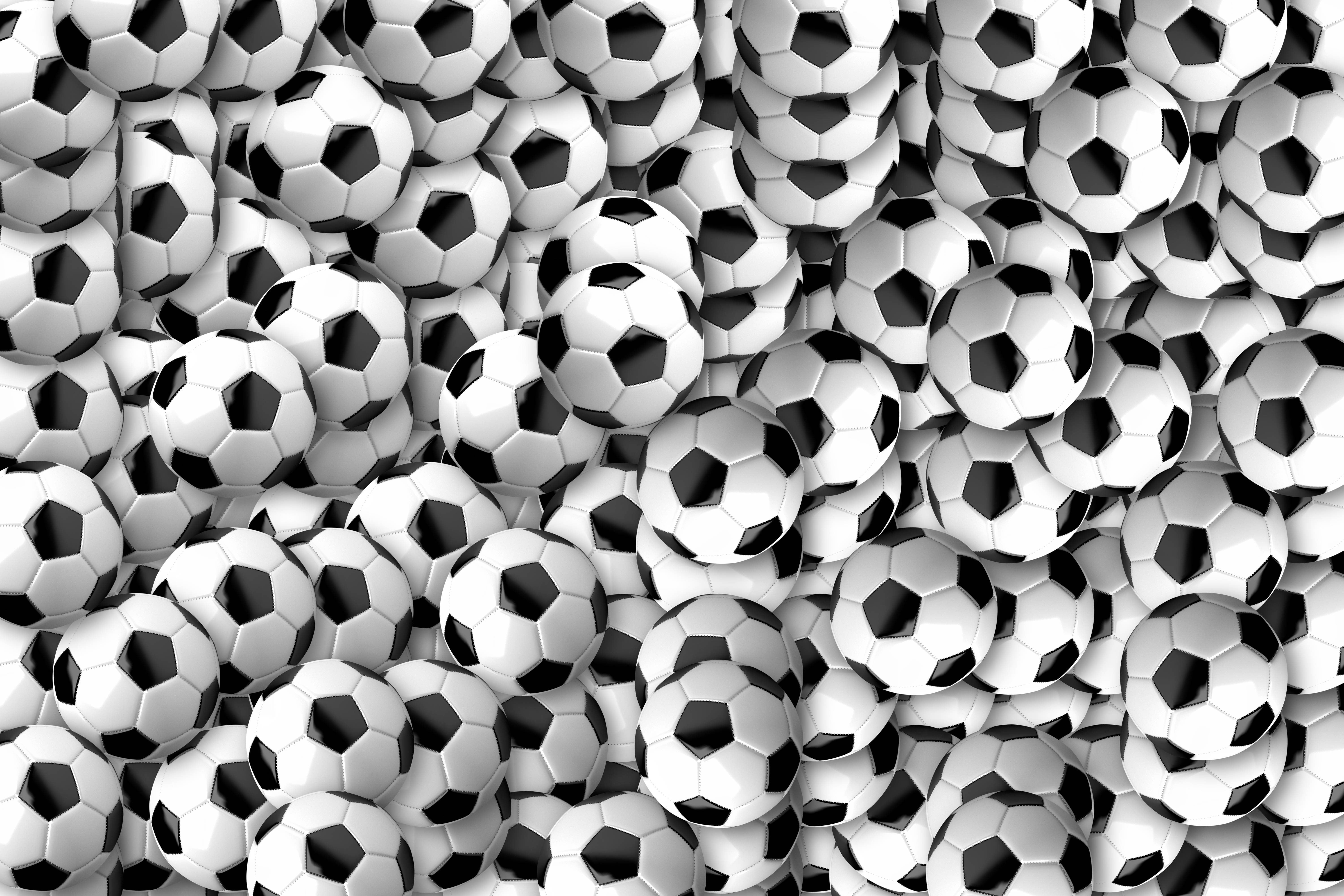 black and white soccer balls, classic soccer balls, dense pile, 5K Desktop Wallpaper