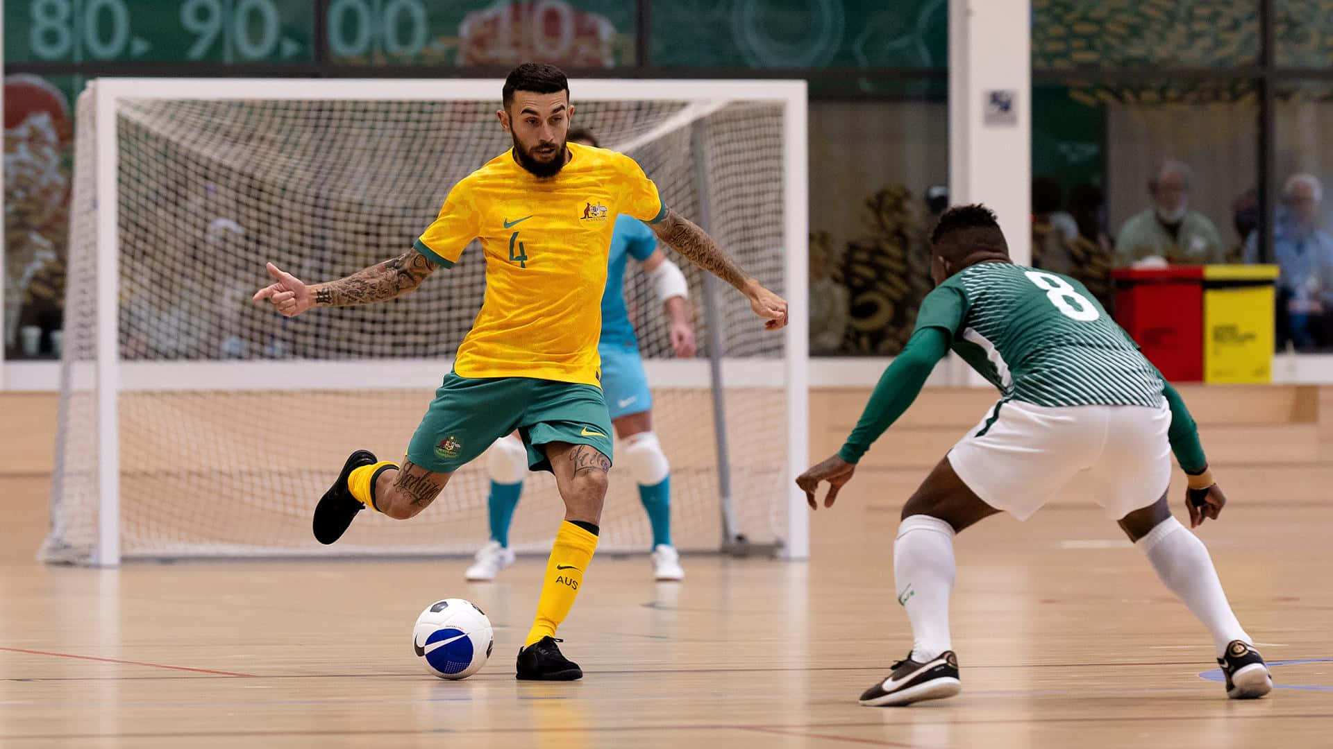 futsal player, yellow jersey, green jersey, Full HD Desktop Wallpaper