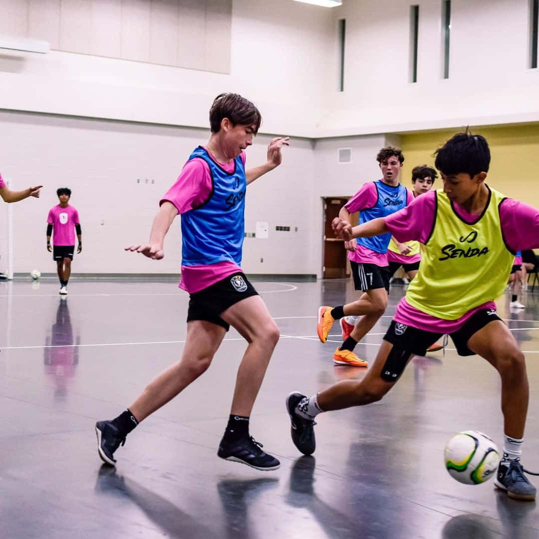 indoor gymnasium, bright pink and blue training vests, soccer ball, SD Desktop Wallpaper