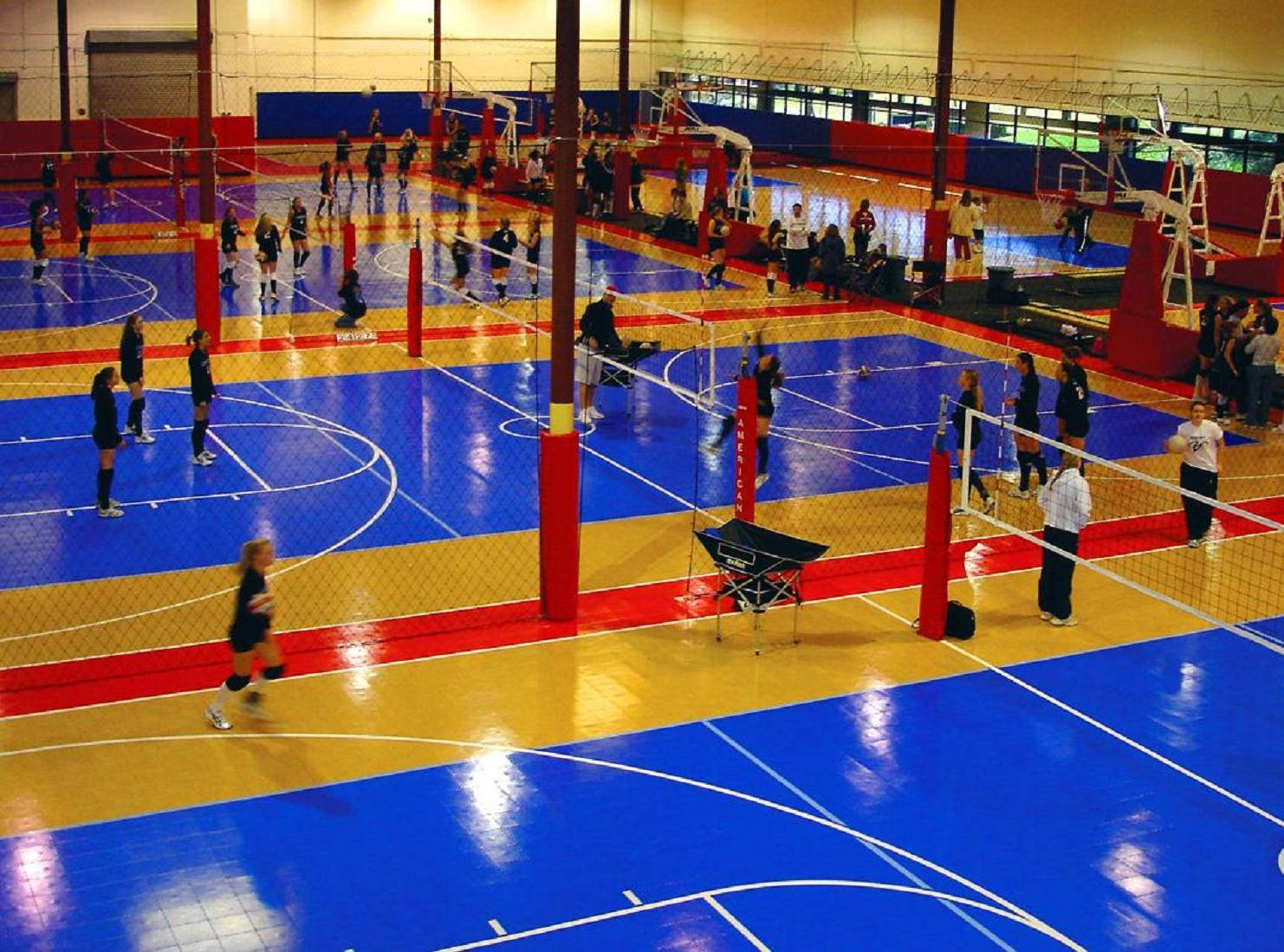indoor volleyball, black uniforms, blue and yellow courts, HD Desktop Wallpaper