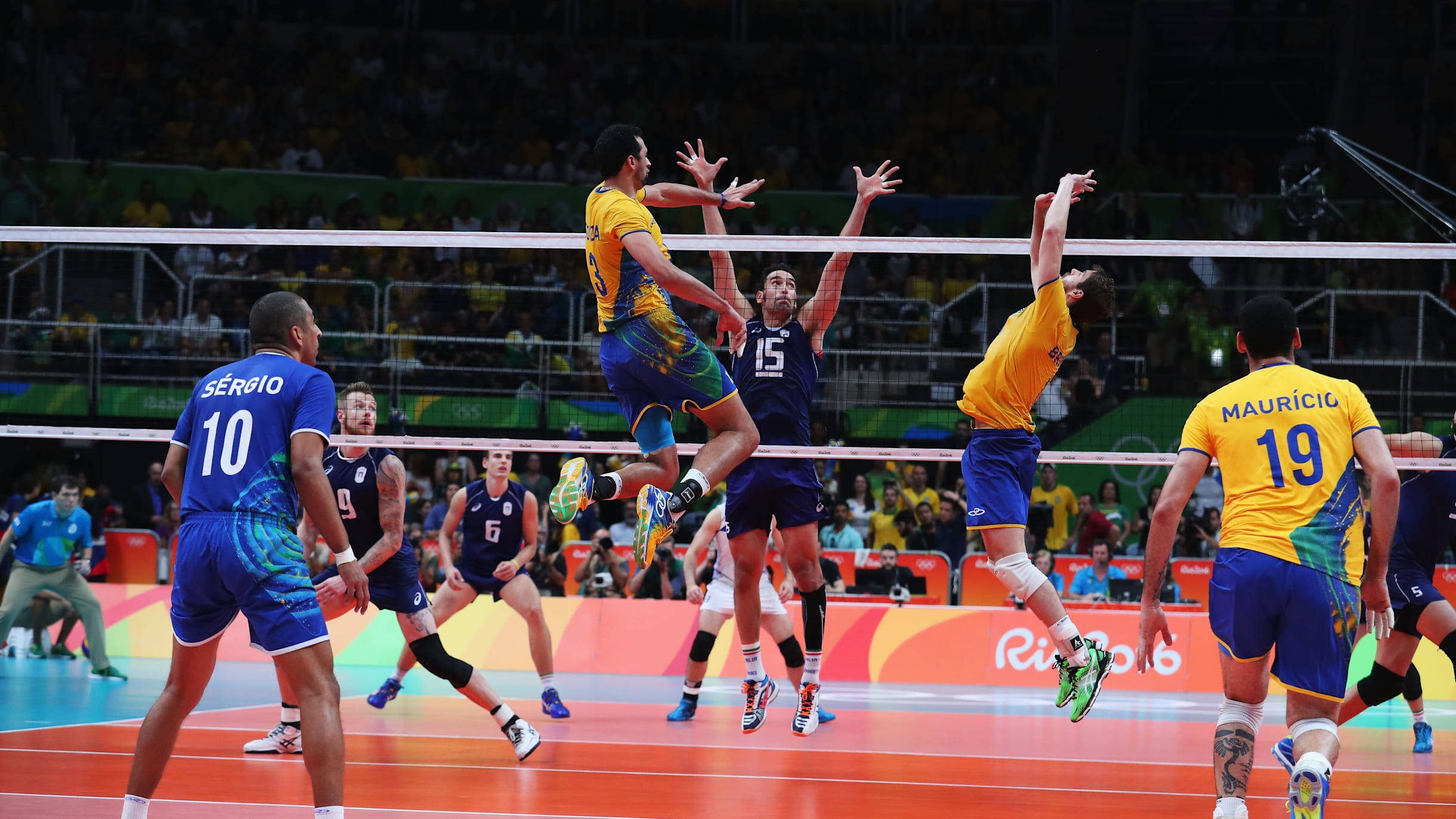 Olympic match, bright arena lights, volleyball players, Full HD Desktop Wallpaper