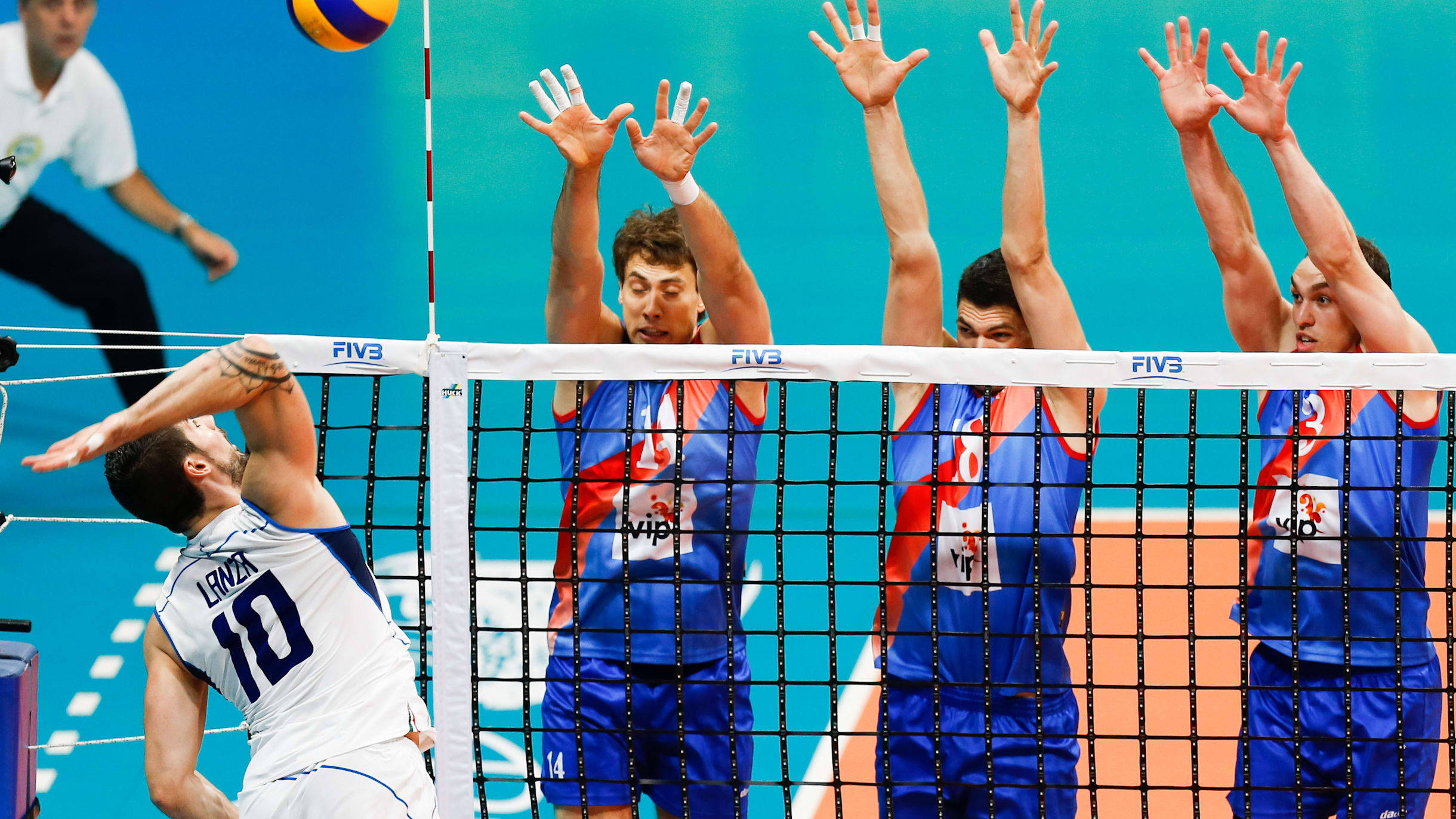 Indoor Volleyball, white spikes, blue form a defensive wall, Full HD Desktop Wallpaper