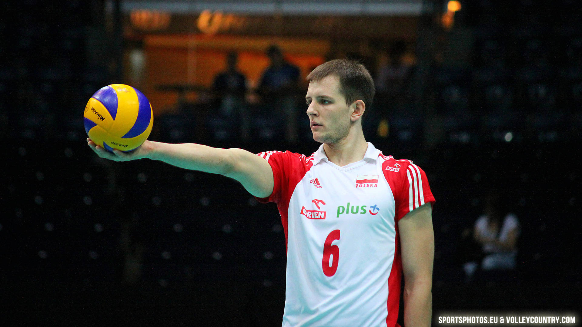 Indoor Volleyball, red and white jersey, arena lights, Full HD Desktop Wallpaper