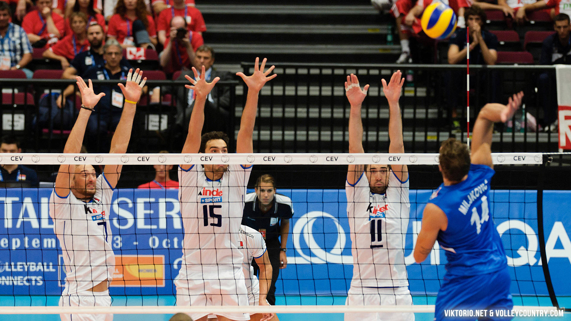 Indoor Volleyball, white jerseys, blue and yellow ball, Full HD Desktop Wallpaper
