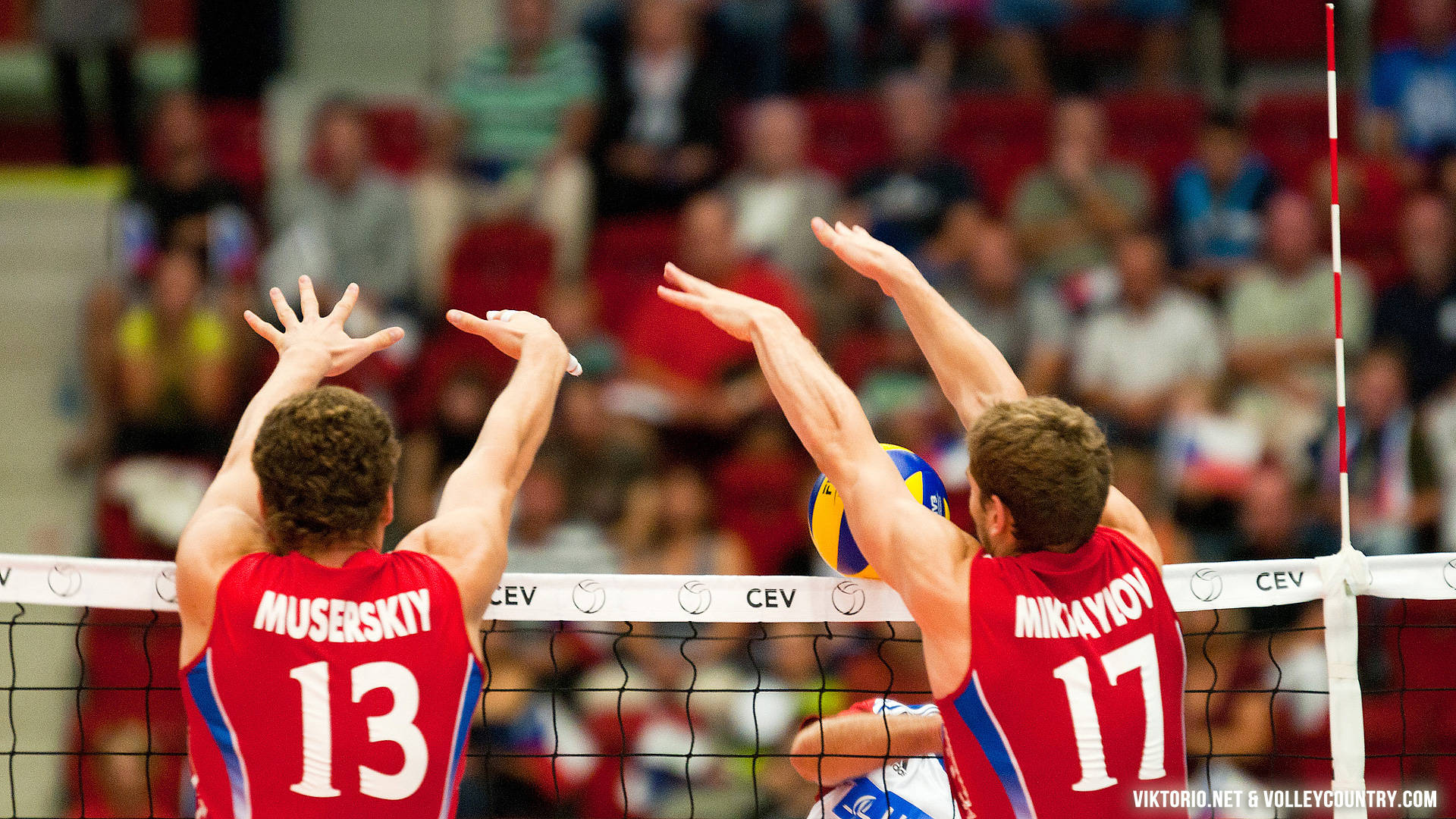 Indoor Volleyball, red jerseys, blue and yellow ball, Full HD Desktop Wallpaper