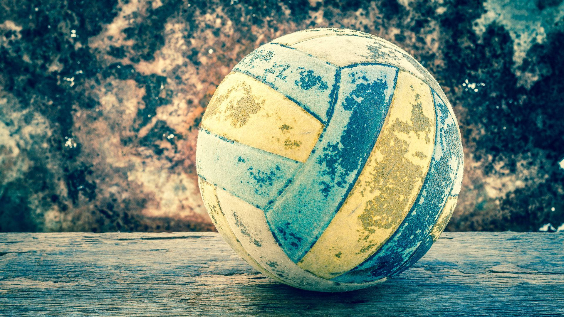 yellow and blue volleyball, weathered wooden surface, textured stone wall, Full HD Desktop Wallpaper