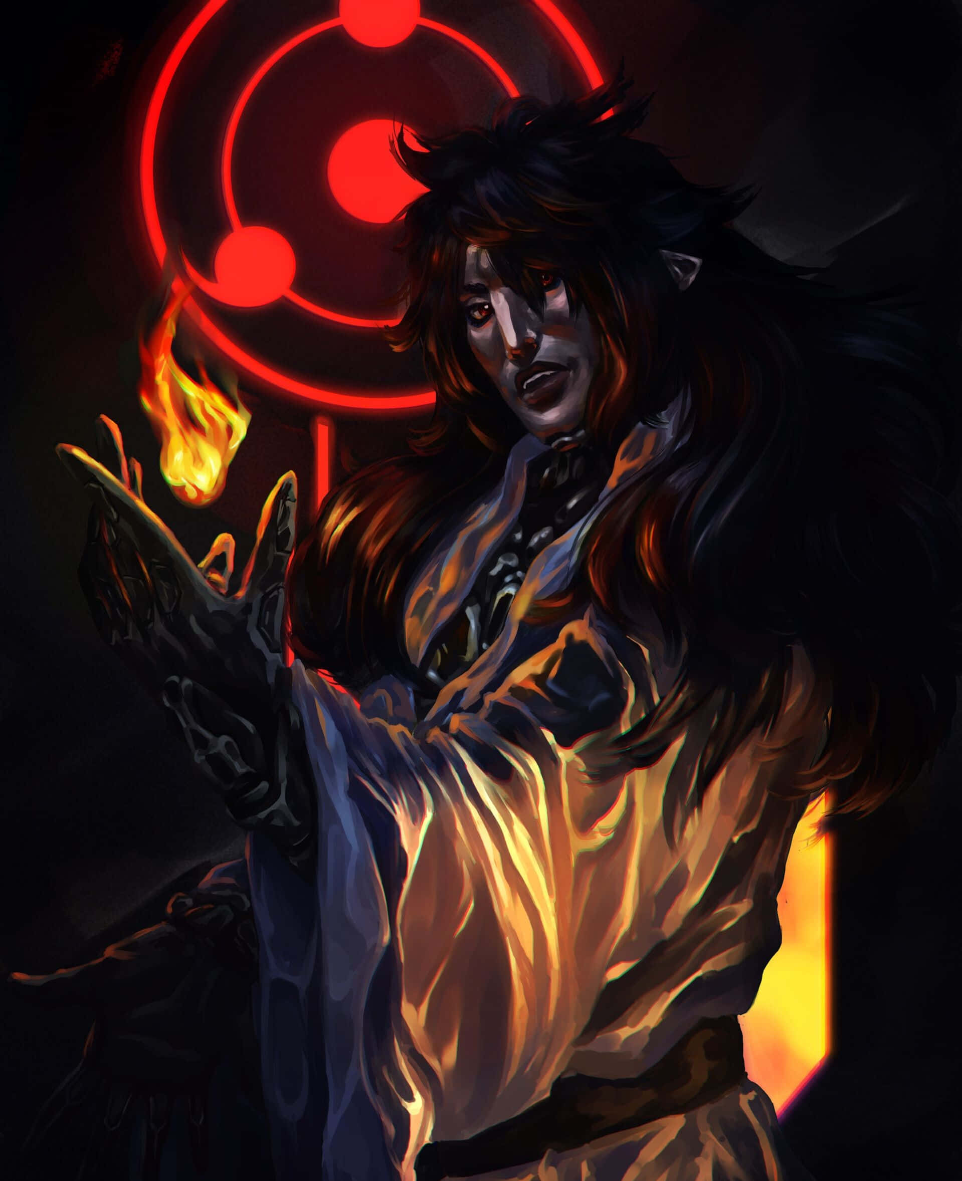 Indra Ōtsutsuki, glowing red eyes, fiery magic, Full HD Phone Wallpaper